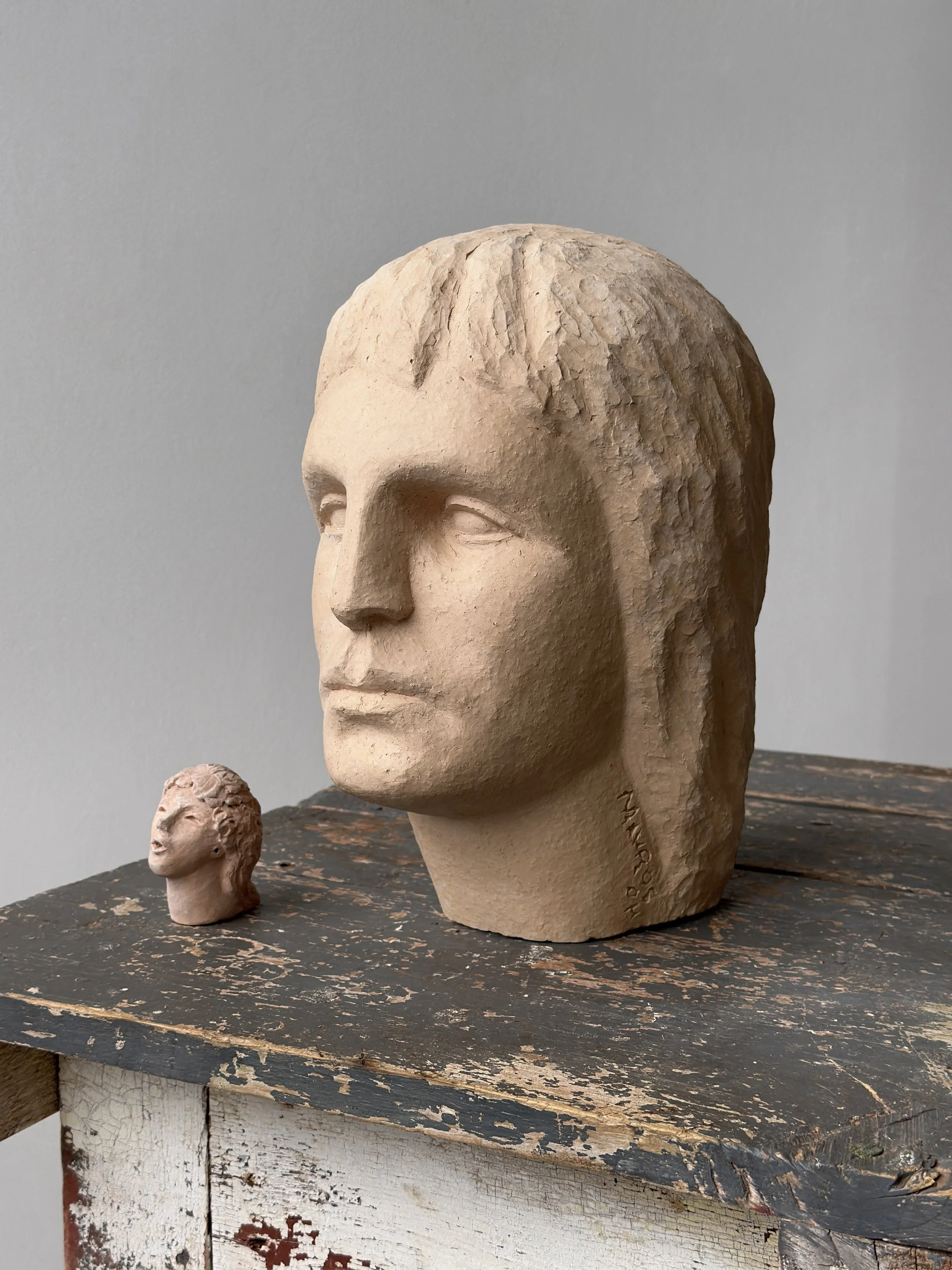 Vintage Folk Art Large-Scale Terracotta Head + Mini Clay Bust Whistle, Circa 1970s-80s