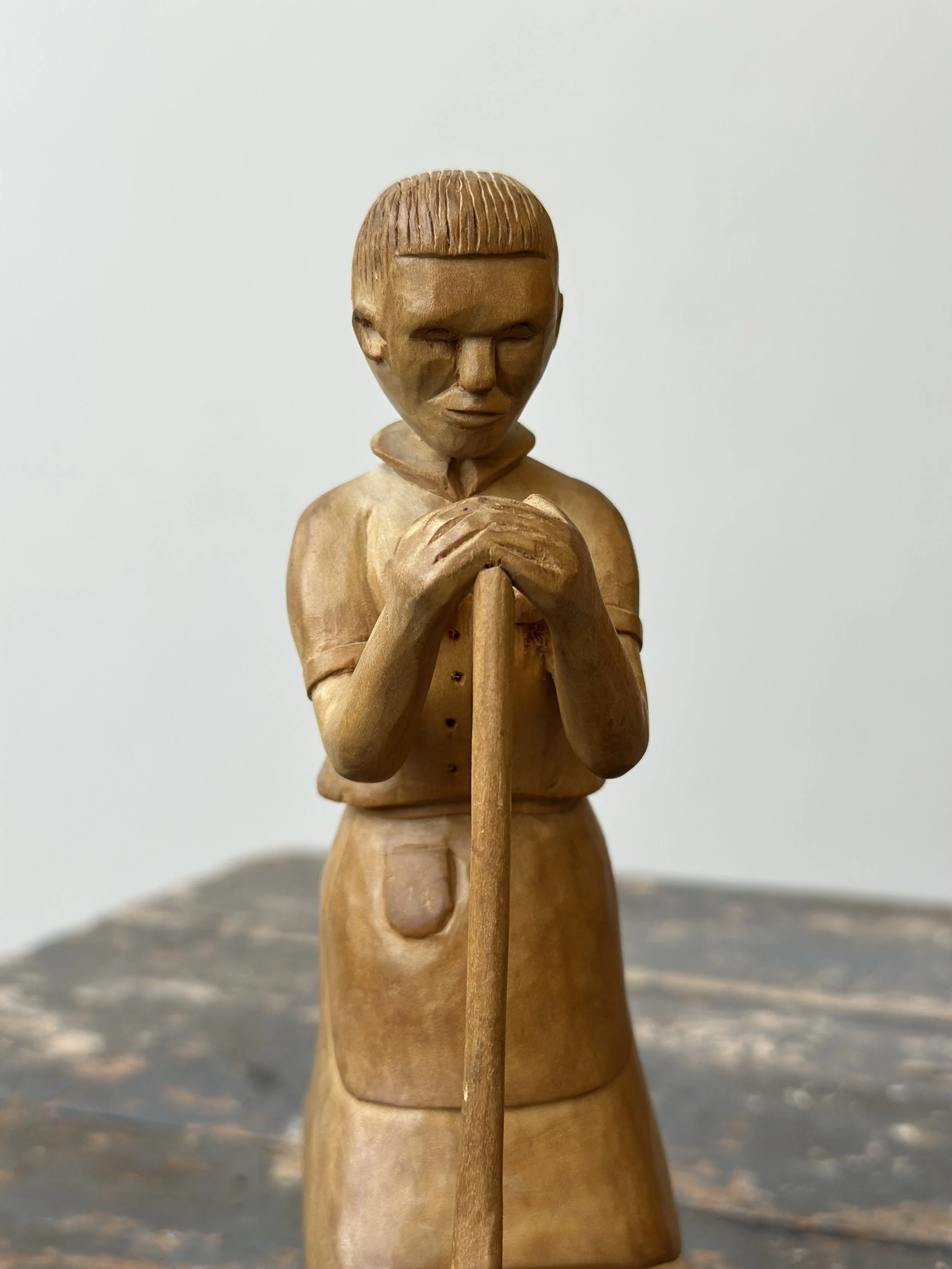 Vintage Dynamic Hand-Carved Blonde Wood Figure with Broom