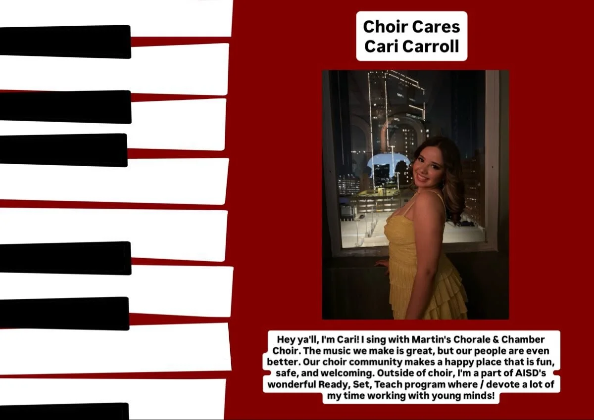 Say hi there to Cari Carroll! Who will be in charge of Choir Cares this 25-26 school year!❤️🖤