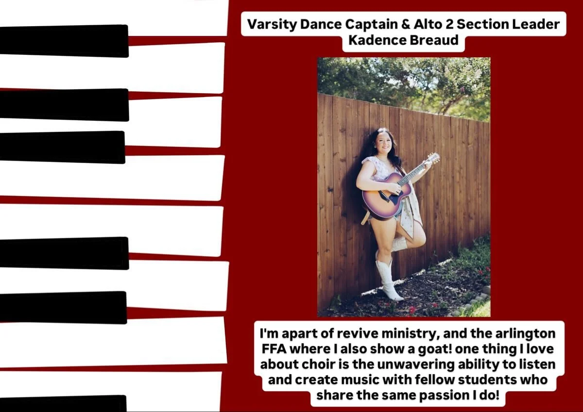 Say Hi to Kadence Breaud! Your Alto 2 section leader and the Varsity Show Choir Dance Captain for the 25-26 school year!❤️🖤