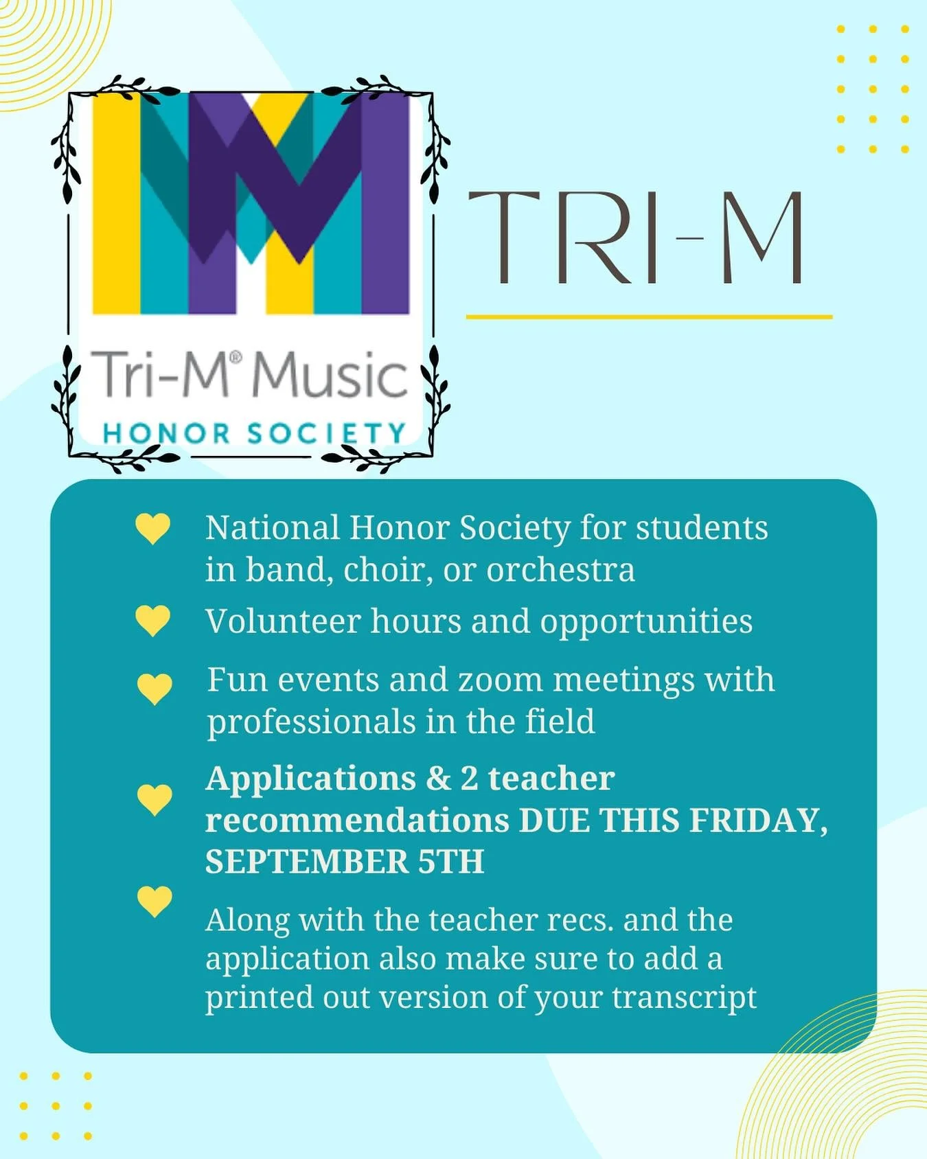 Join Tri-M!! If you are interested more information can be found in the choir hallway.🎶