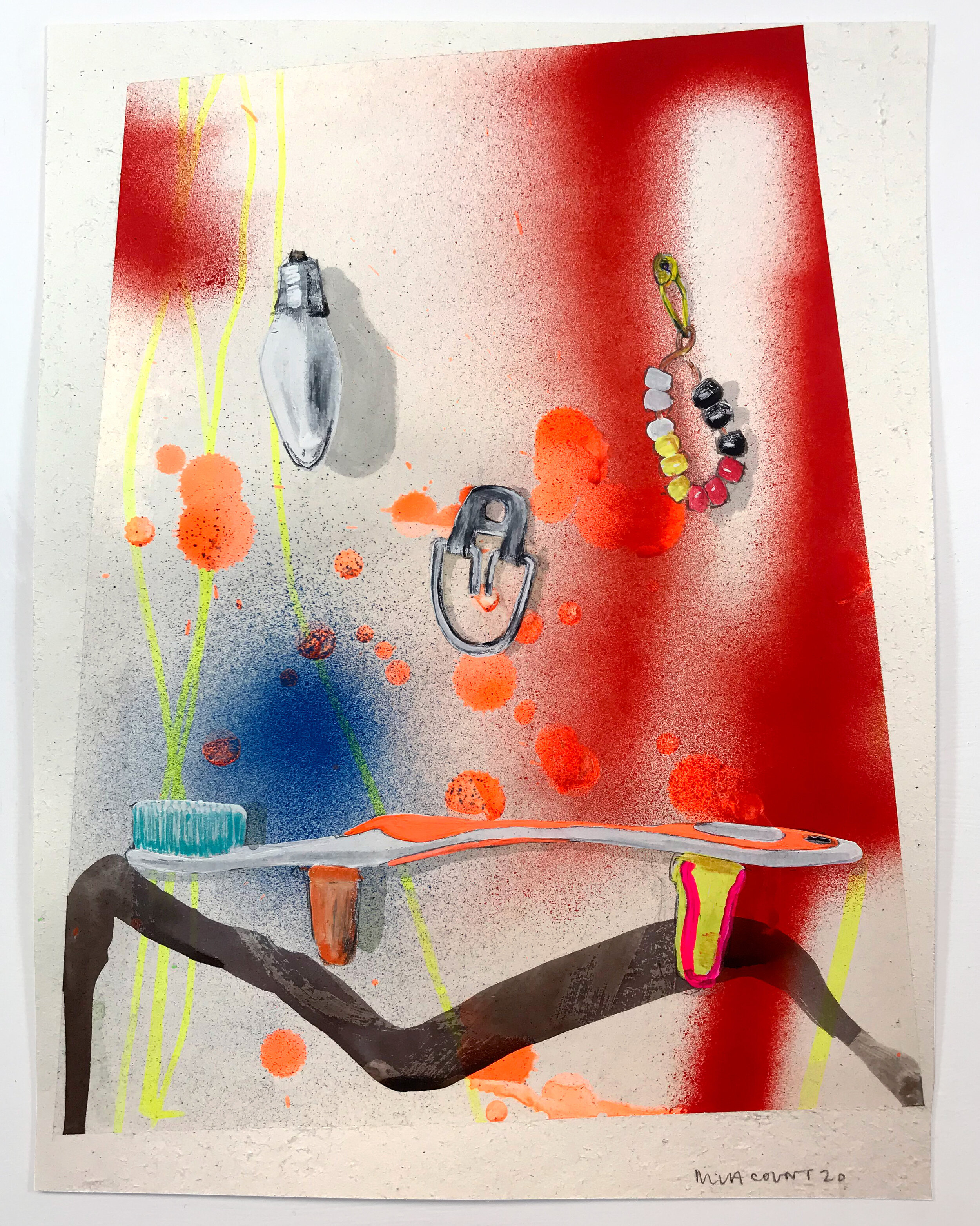    Scene (E Flatbush)  , 2020, 9.5”x12.5”, mixed media (acrylic, aerosol, ink, gouache, graphite, highlighter) on paper 