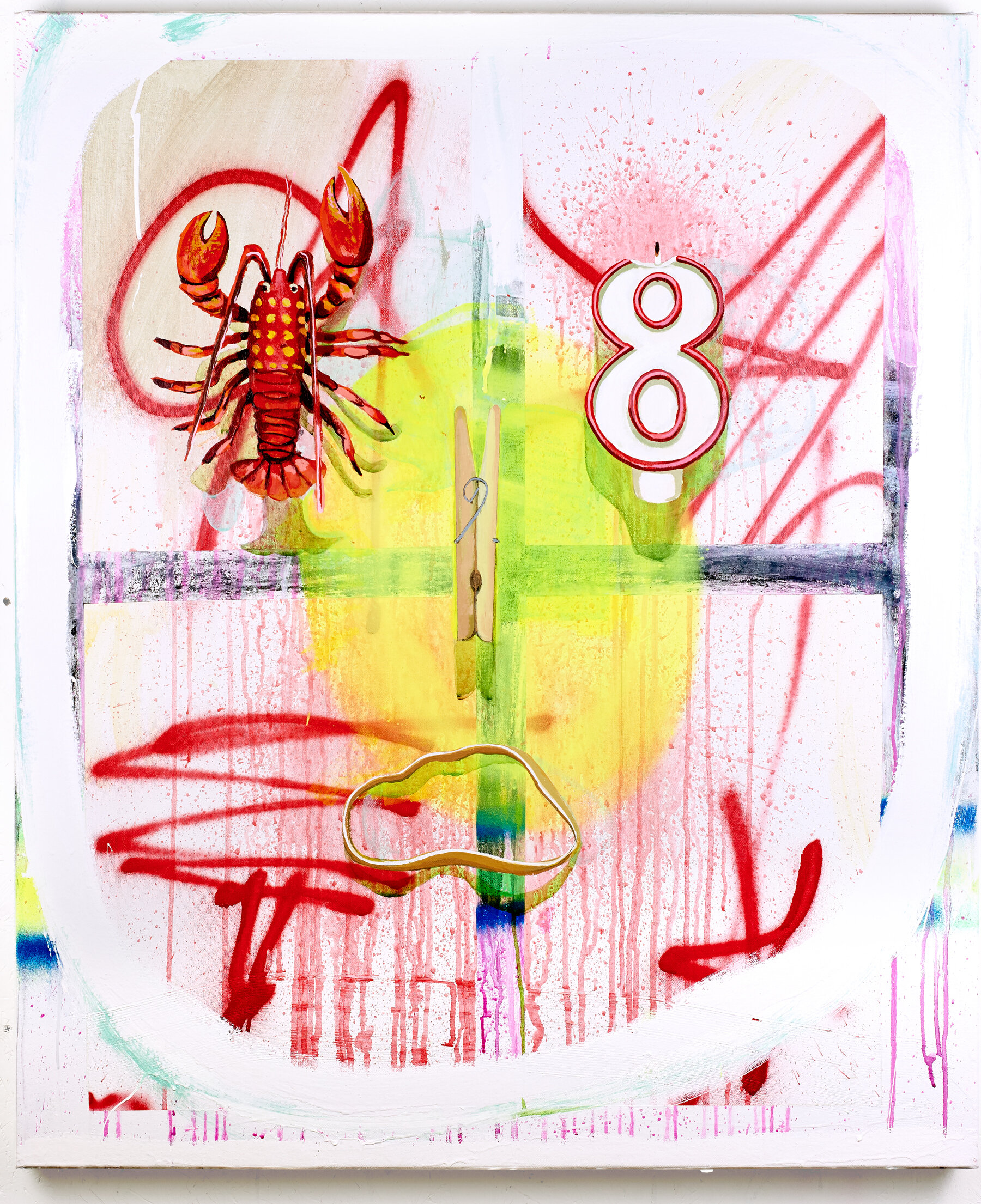     Flatbush BK (Magnet, Candle, Clothespin, Rubberband)  , 2020, 36”x42”, Aerosol, acrylic, latex, charcoal on canvas,  unavailable  