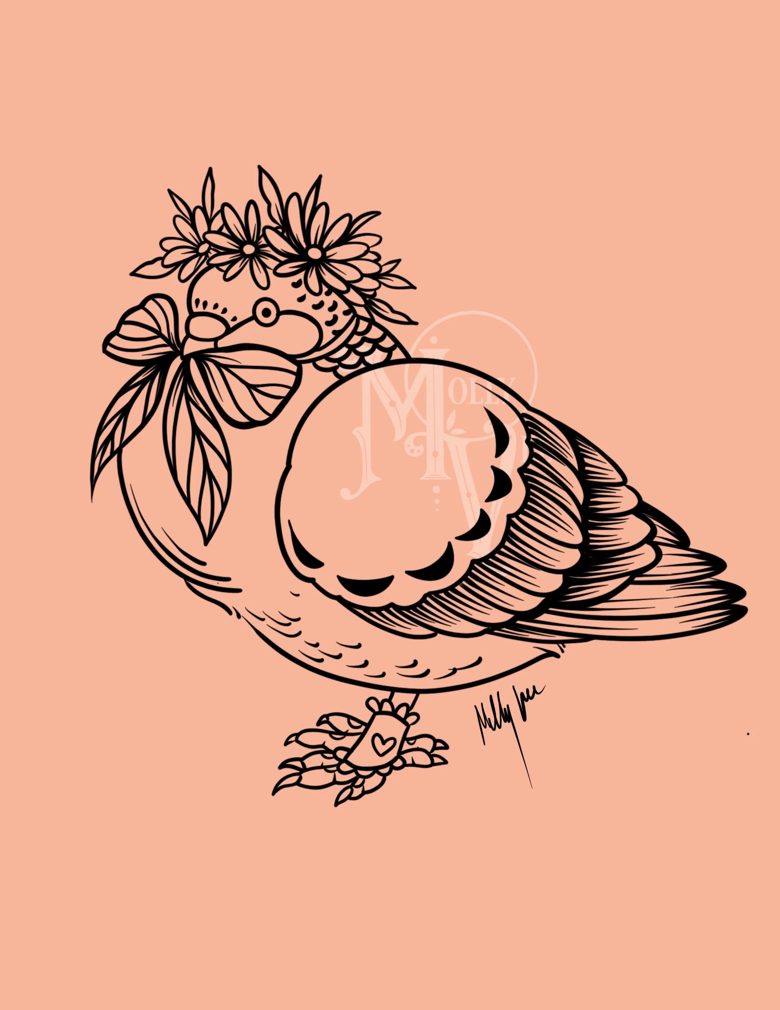 Circle illustration with a cute pidgin with a flower crown and mint leaf bowl