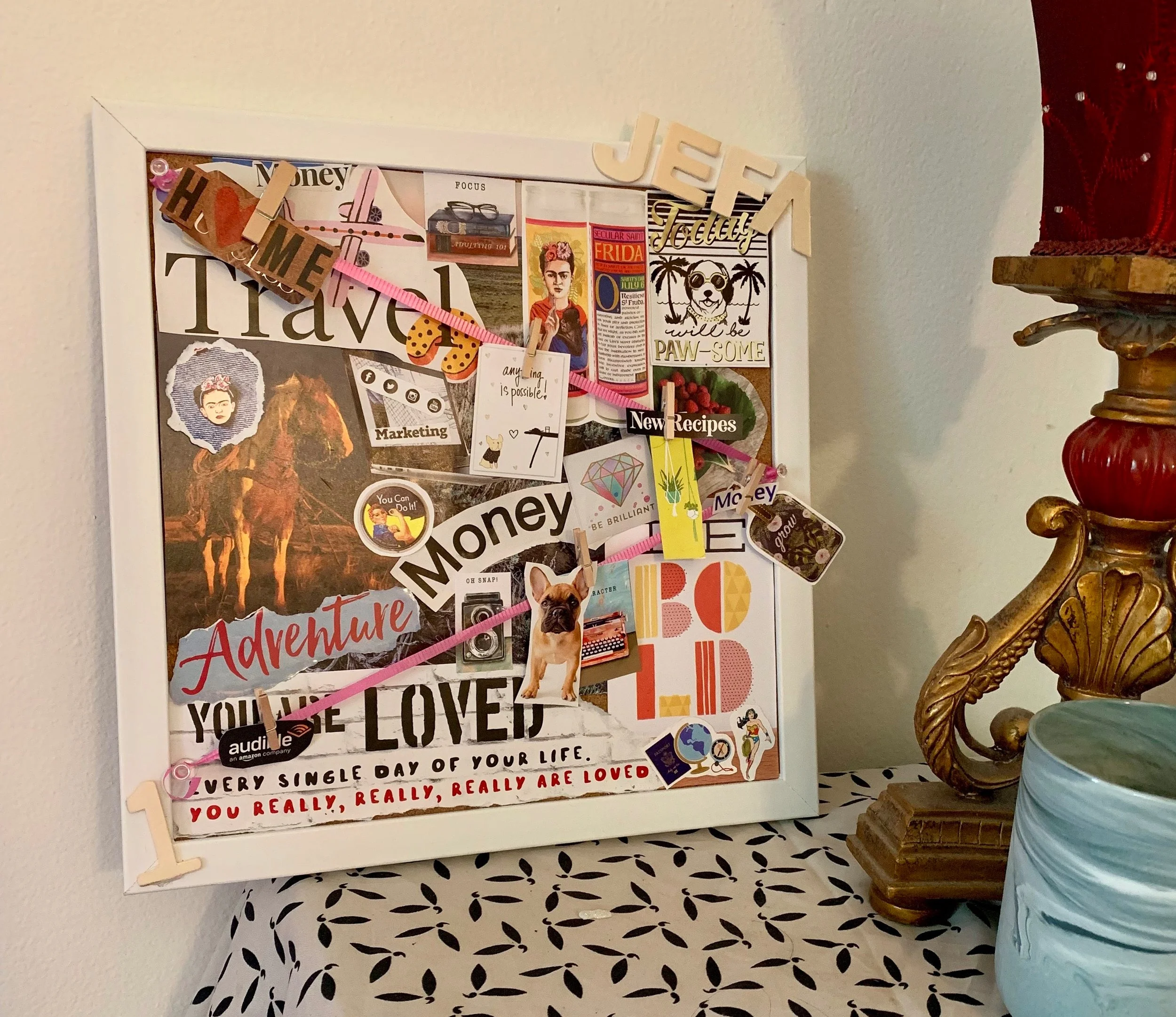 My Vision Board resting on it new home, my nightstand