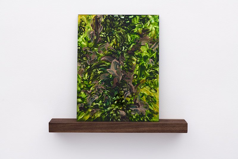   Near (On the other side) ,  2021 glass paint baked onto tempered ultra-clear glass, gray one-way mirror, walnut wood 17 x 20 x 3 inches 