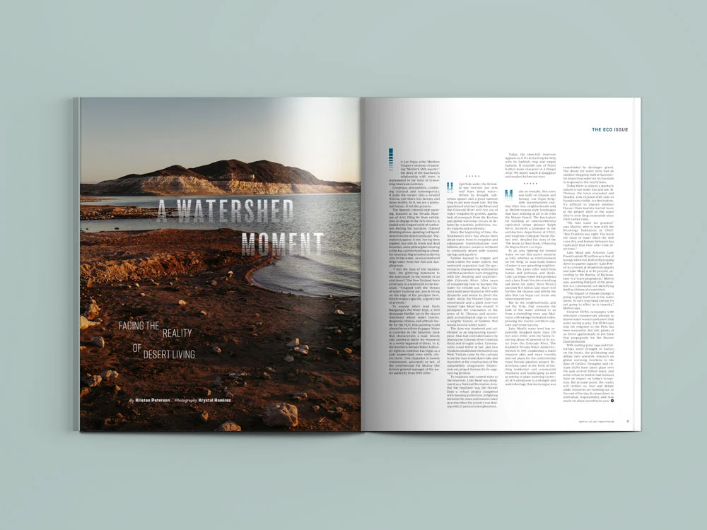 Layout for "A Watershed Moment" by Kristen Peterson in Vegas Seven's Eco Issue. Photography by Krystal Ramirez