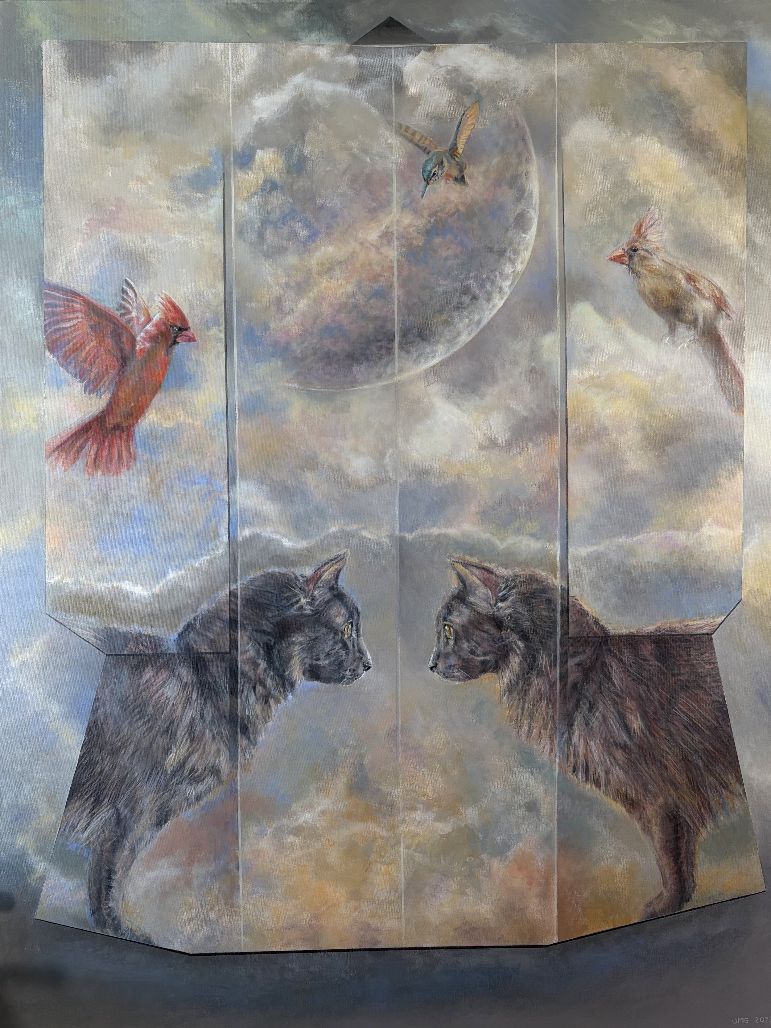  Luna Cat Kimono, 48”H, 36”W, acrylic on canvas, 2025. 