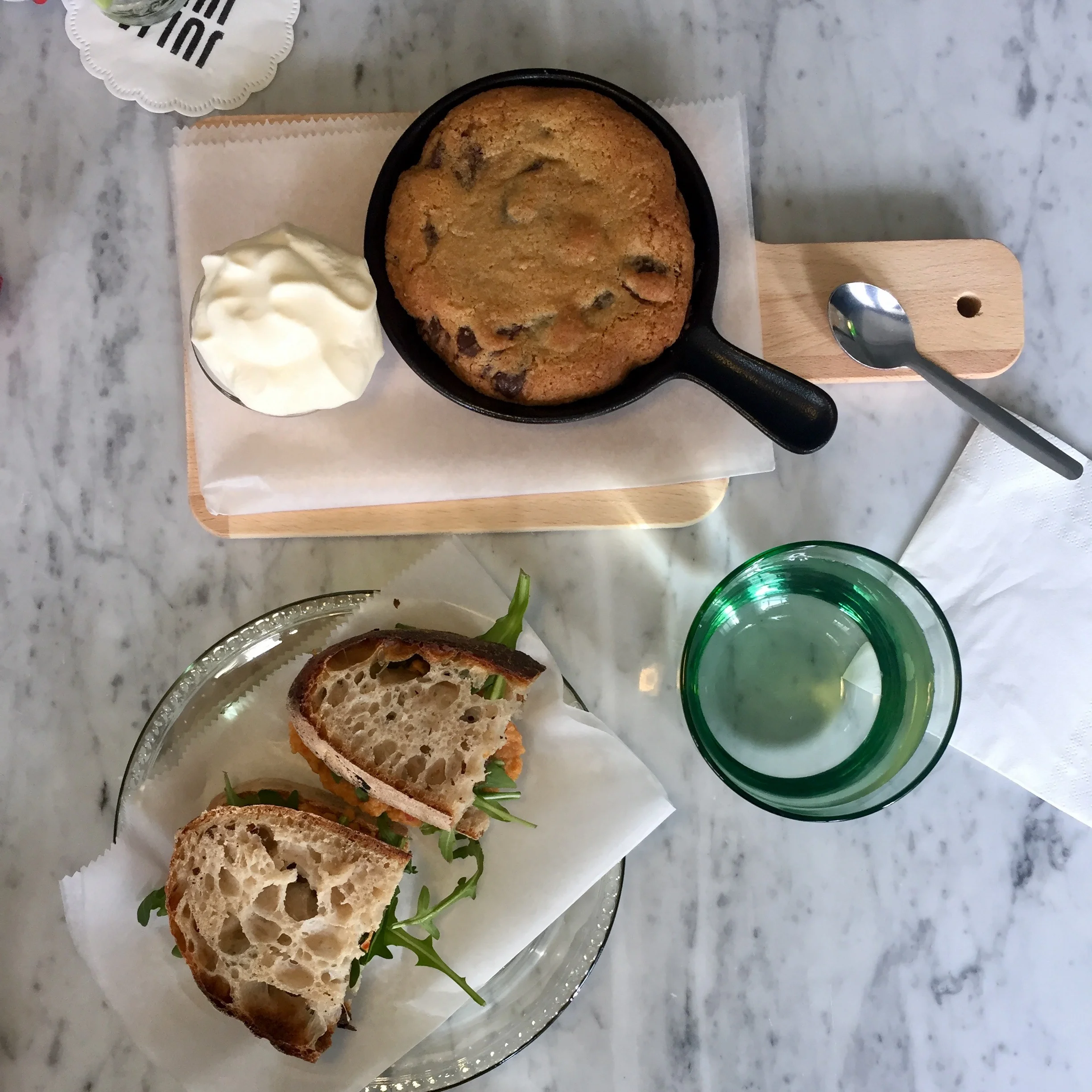 Hummus sandwich & chocolate chip "cookie" at Julia & Julia
