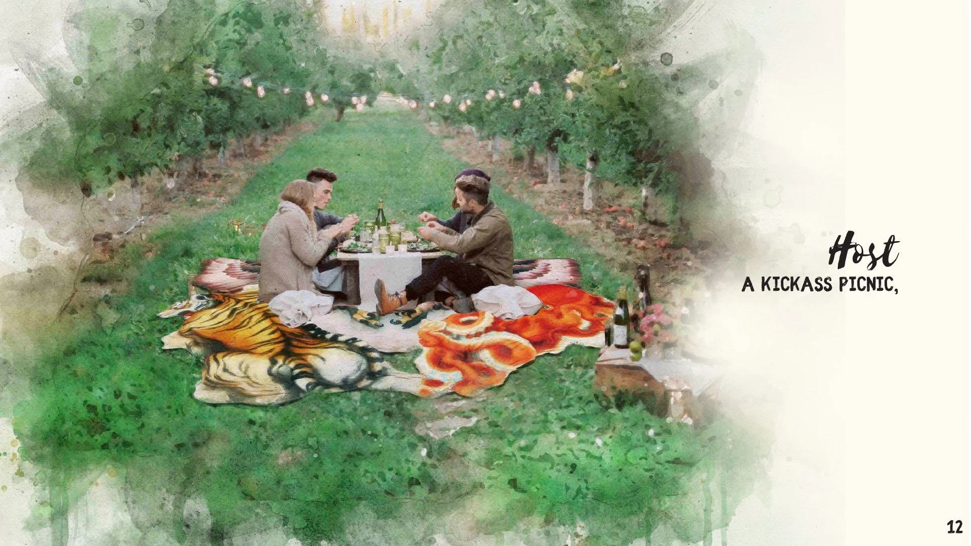 A group of four people having a picnic in a green orchard, sitting on blankets around a small table with food and drinks, with string lights hanging in the trees. Text on the right reads 'Host a kickass picnic.'