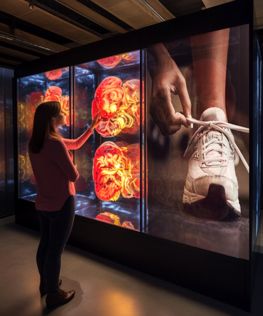 A woman in a museum interacts with a large digital display showing images of a human brain and a person tying shoelaces on a sneaker.