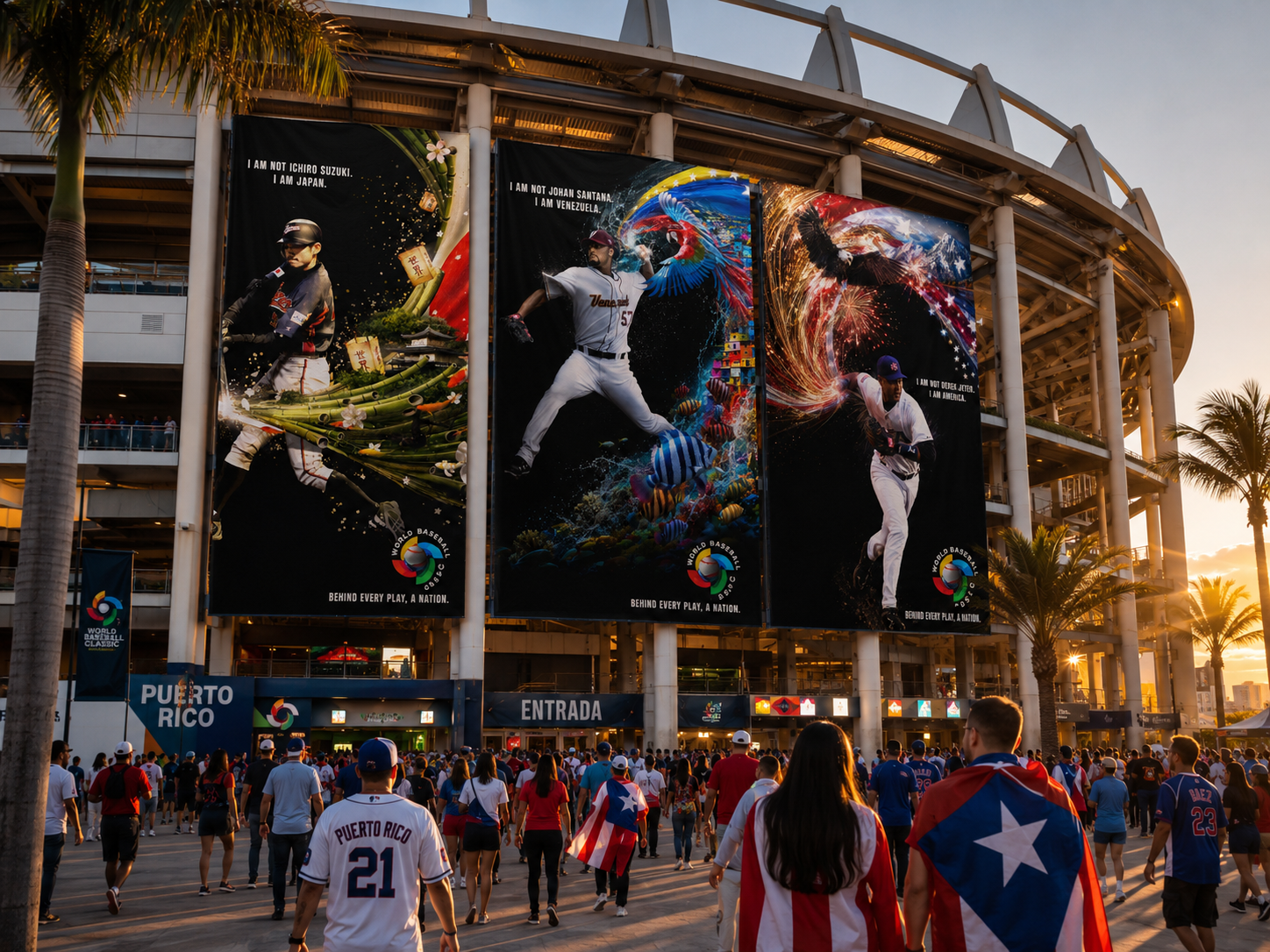 Fans entering a stadium decorated with large banners celebrating the Puerto Rican and Venezuelan baseball teams during sunset.