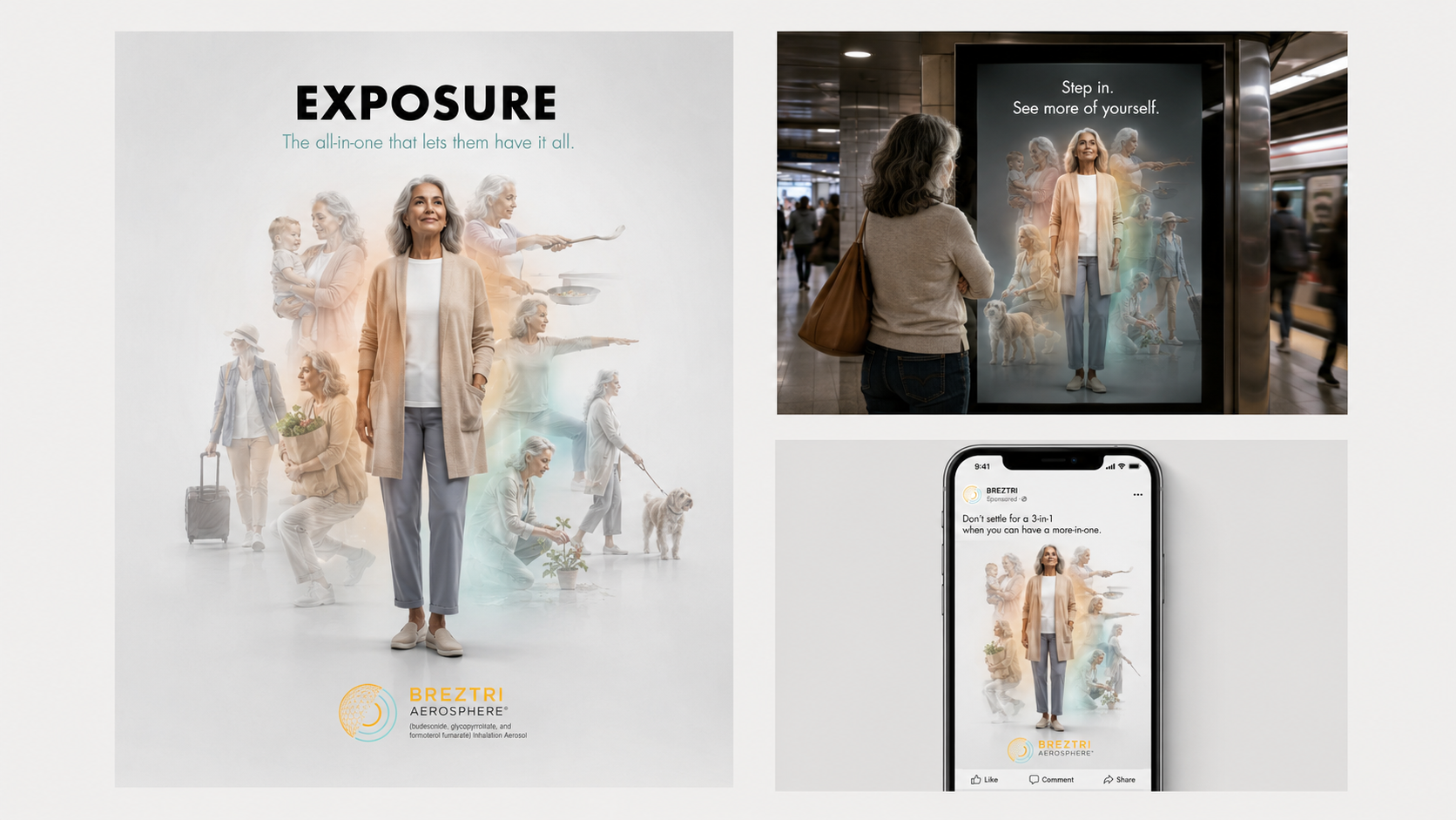 A montage of promotional images for BREZTRI AEROSPHERE. The main image shows a woman in neutral clothing surrounded by various ghostly images of her performing different activities. The top right image shows her looking at a digital advertisement in a subway station. The bottom right image shows her on a smartphone screen with a social media post promoting BREZTRI AEROSPHERE.