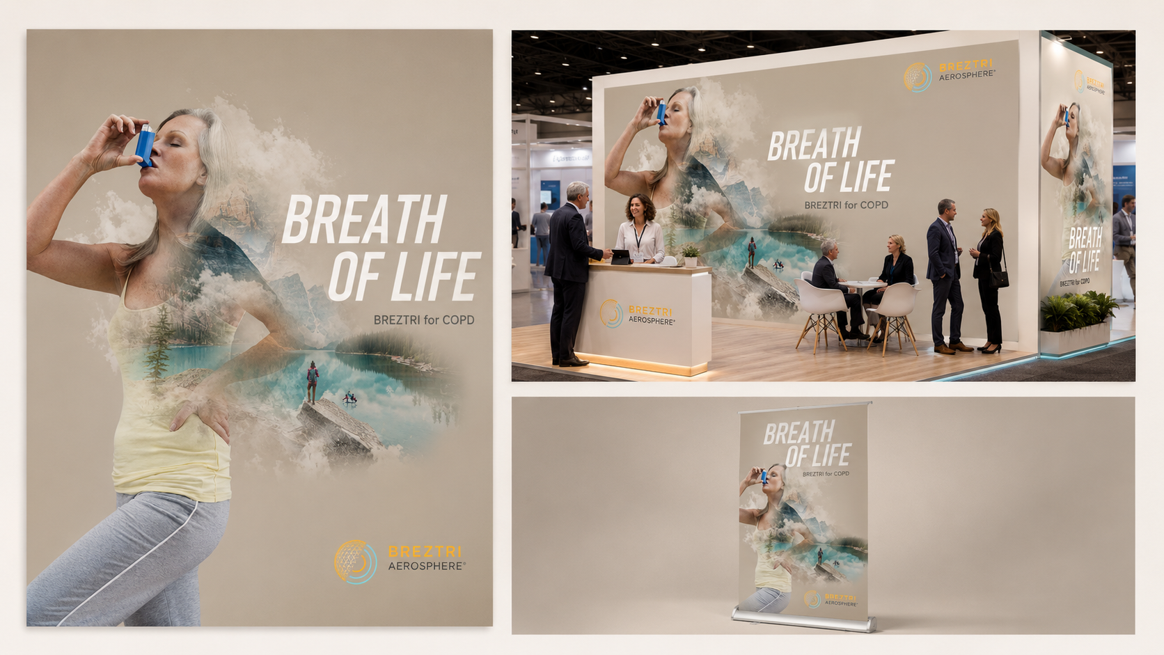 Trade show booth for BREZTIR AIROSPHERE promoting breathing exercises for COPD with large graphics of a woman inhaling, mountain and lake scenery, and people outdoors on a rock and a kayak.