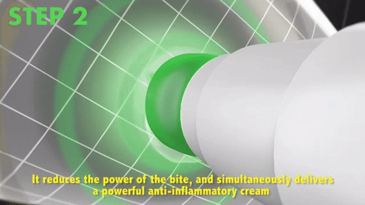 Simultaneously, a powerful antihistamine ointment is applied through the tip directly onto the bite, providing relief and speeding the healing process.