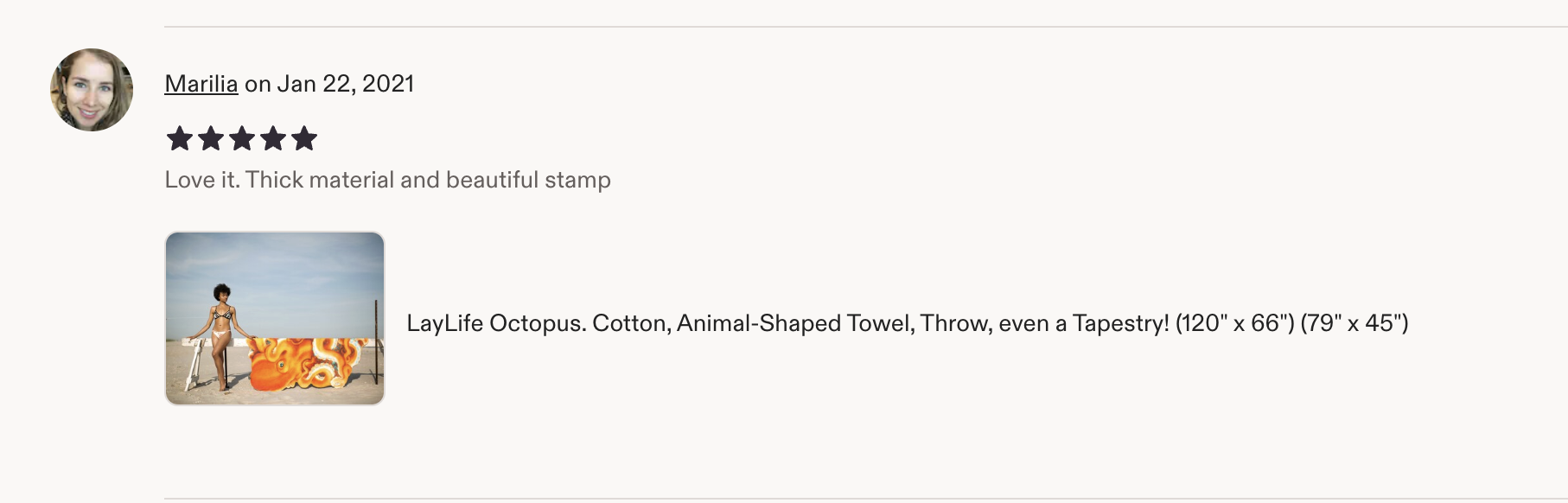 Product review for a cotton animal-shaped towel with a tie-dye octopus design, shown in a beach setting.