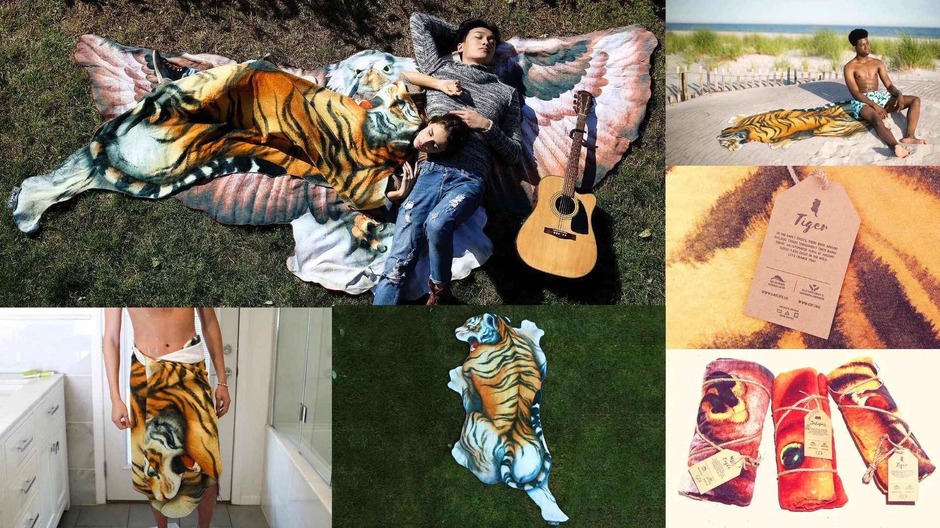 A collection of tiger-themed items including a blanket with tiger and eagle designs, a person lying on a blanket with a tiger print, a young man sitting on the sand with a tiger blanket, a tiger blanket with a tag, a woman wearing a tiger skirt, a ti