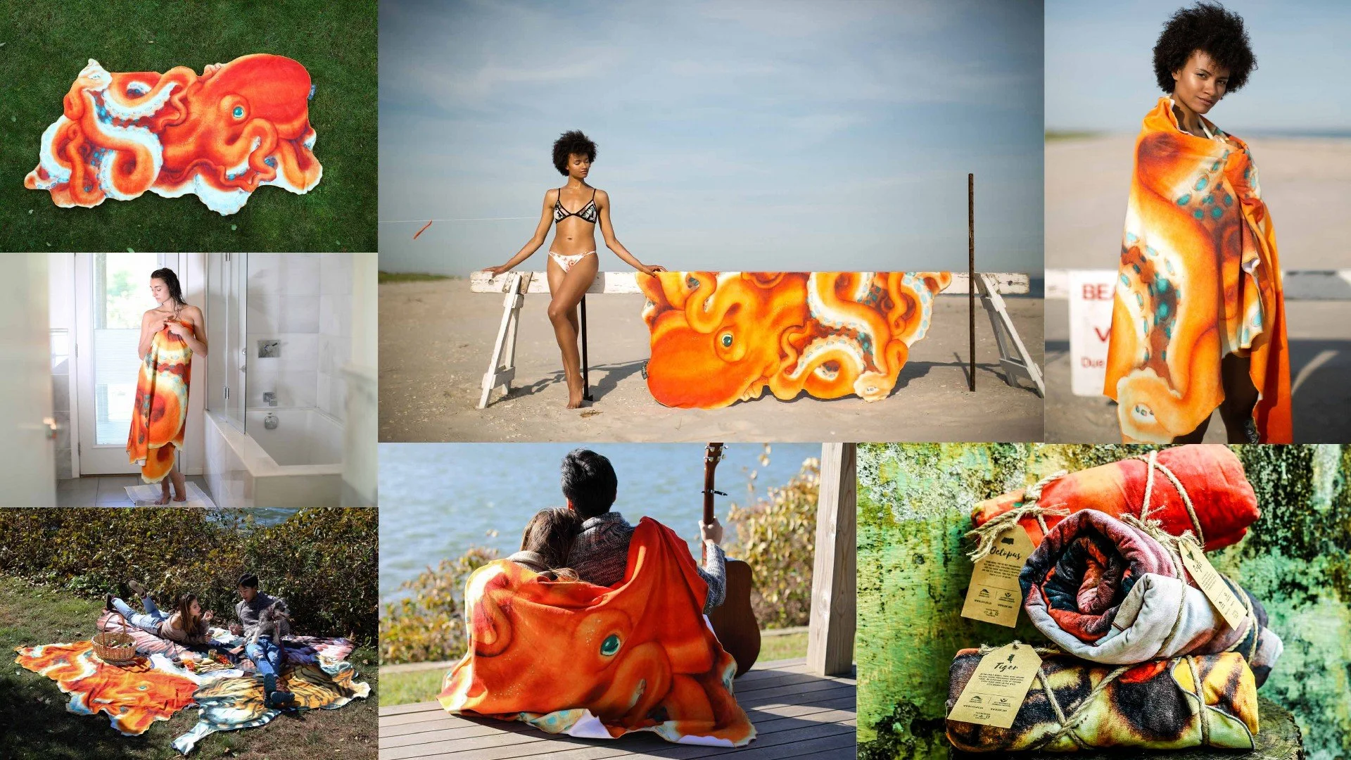 A collection of photos featuring a large, colorful octopus-patterned blanket. The blanket appears in various settings, such as a beach, a park, and indoors. Some photos include people, notably a woman wrapped in the blanket and others lying on it out