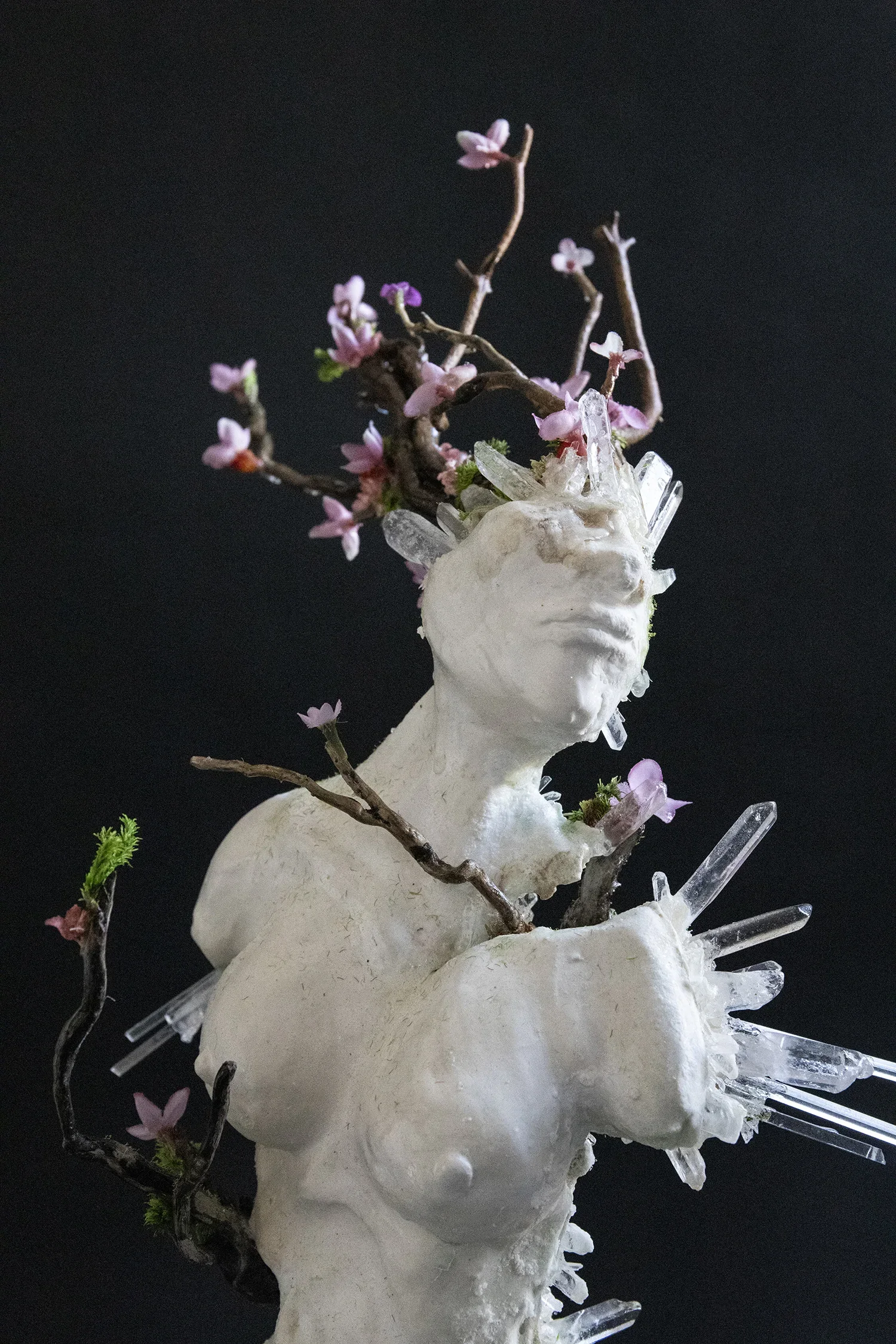 A sculpture of a human head and upper torso made of a white material, adorned with a small flowering tree, crystals, and branches, set against a black background.