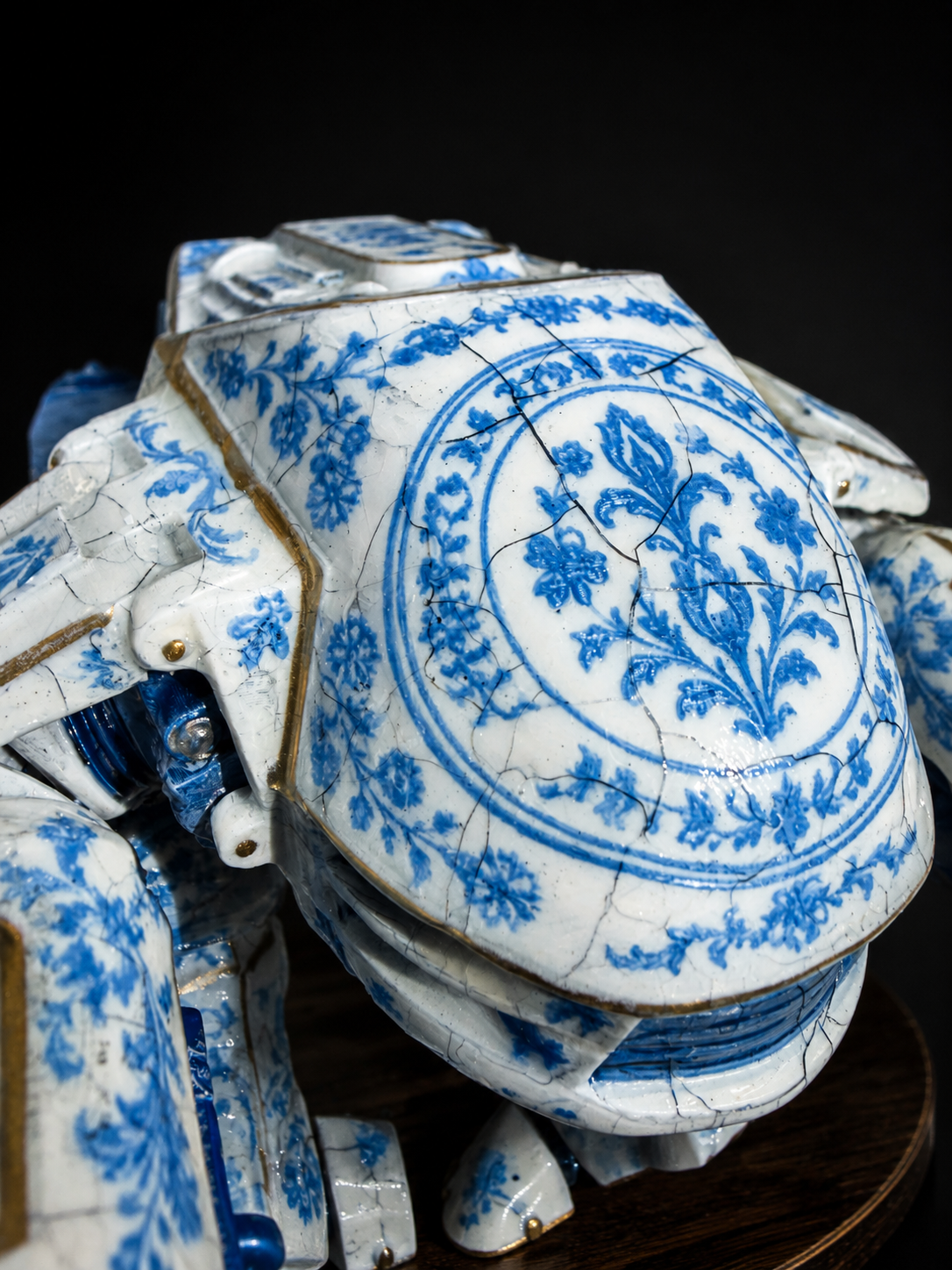 Fragmented porcelain robot decorated with blue floral patterns on a white background.