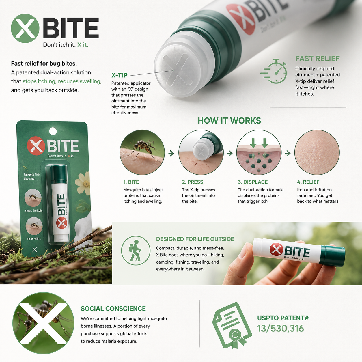 Infographic for X BITE bug bite relief product showing its packaging, application process with four steps, and features such as targeting itchiness, reducing swelling, and being designed for outdoor use.