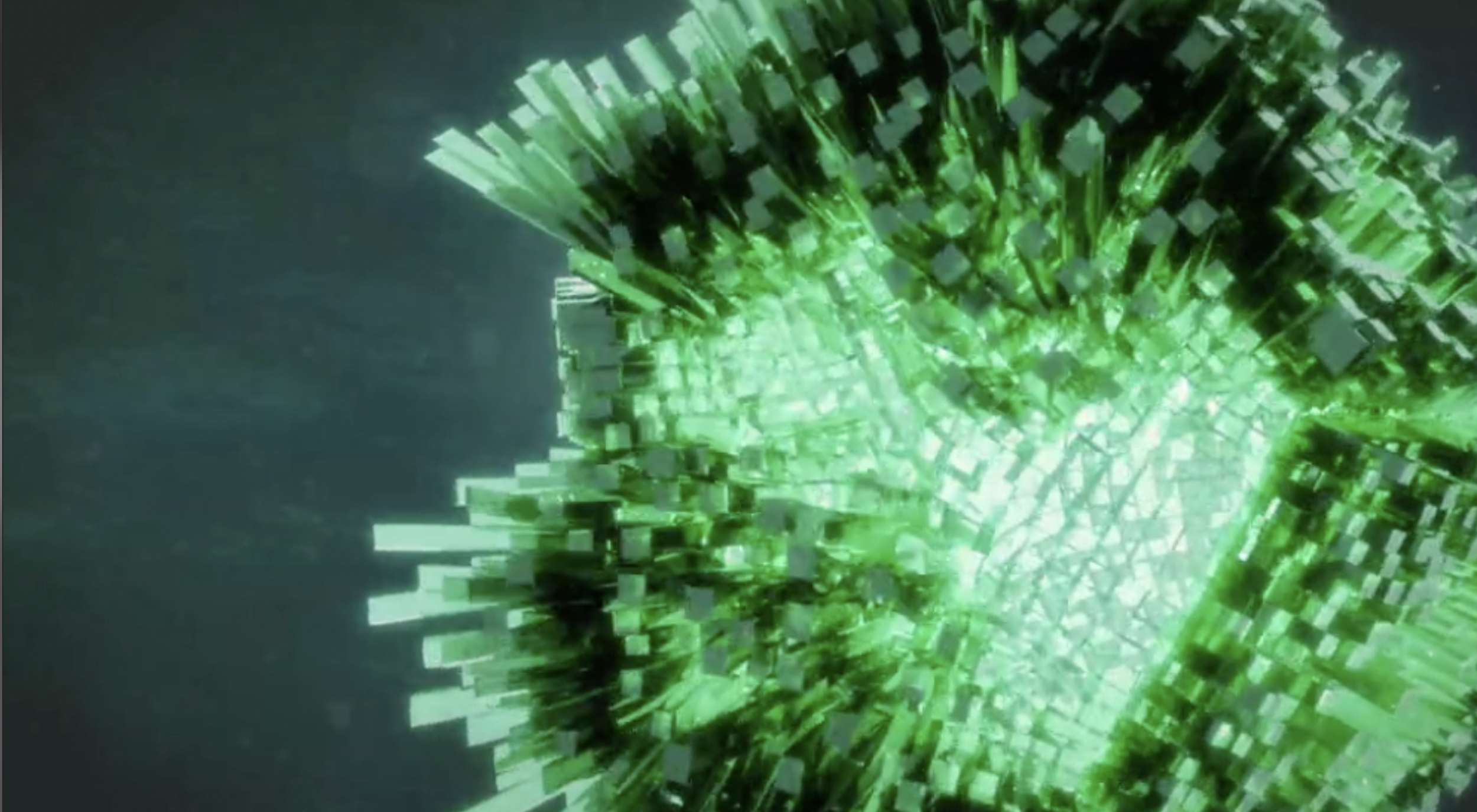 Futuristic tunnel made of glowing green rectangular blocks creating a perspective illusion.