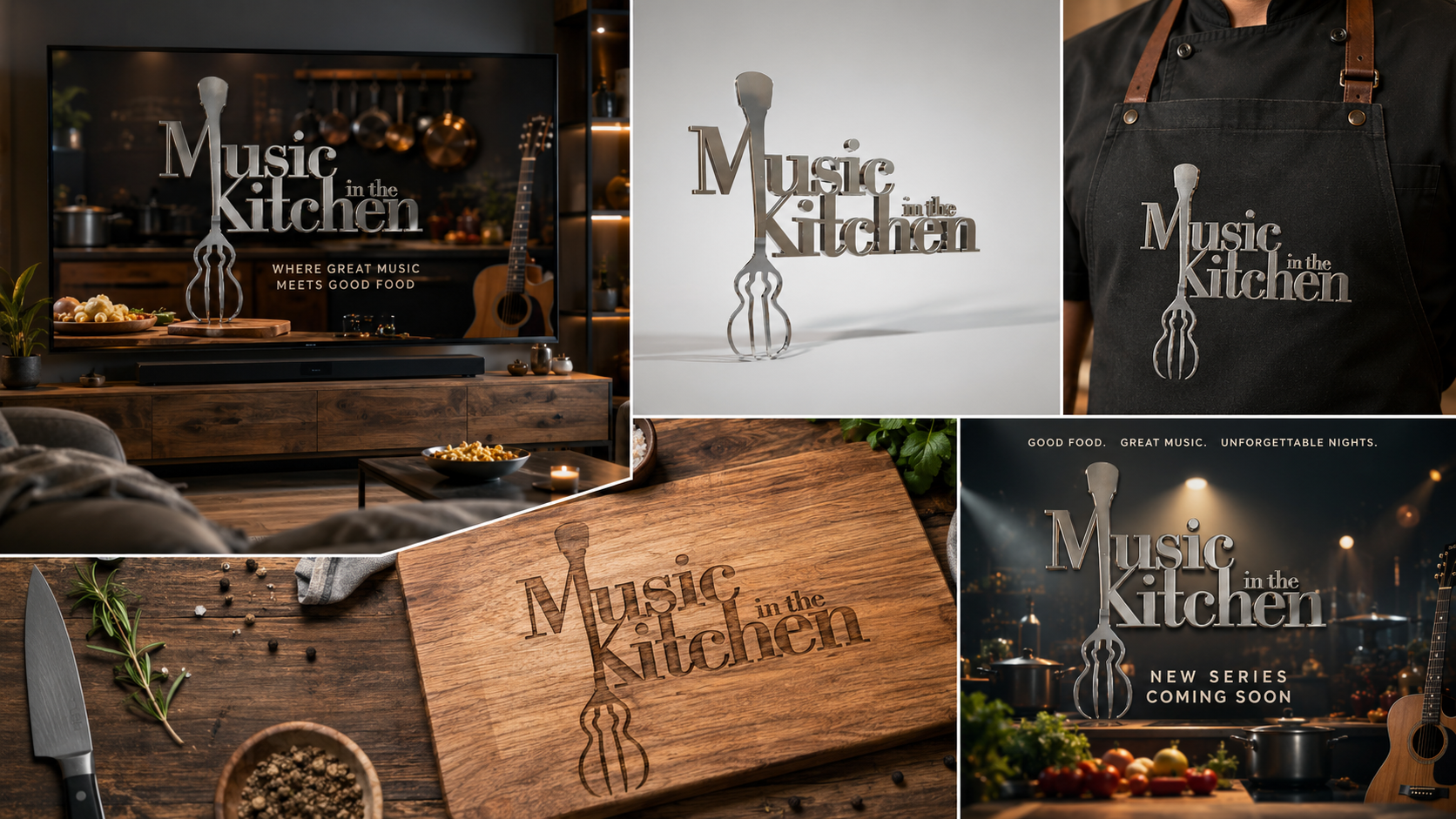 Collection of promotional images for a TV show or series called "Music in the Kitchen." The images feature a logo with a fork and kitchen utensils, a cozy kitchen set with a TV displaying the logo, a close-up of the logo on a wooden cutting board, and a chef's apron with the logo. The scenes highlight food, music, and kitchen elements, with text mentioning "Where great music meets good food," "Good food. Great music. Unforgettable nights," and "New series coming soon."