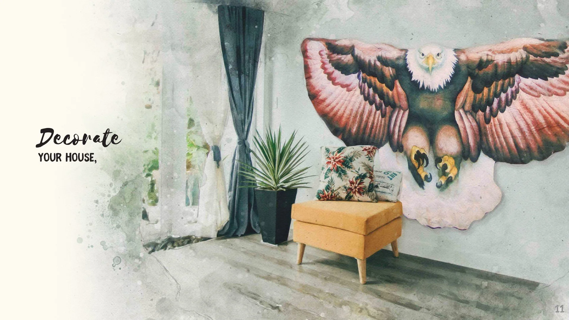 Decorative indoor corner with a large eagle wall art, a black planter with a tall green plant, a floral pillow, a yellow ottoman, and a dark curtain beside a window with sheer curtains.
