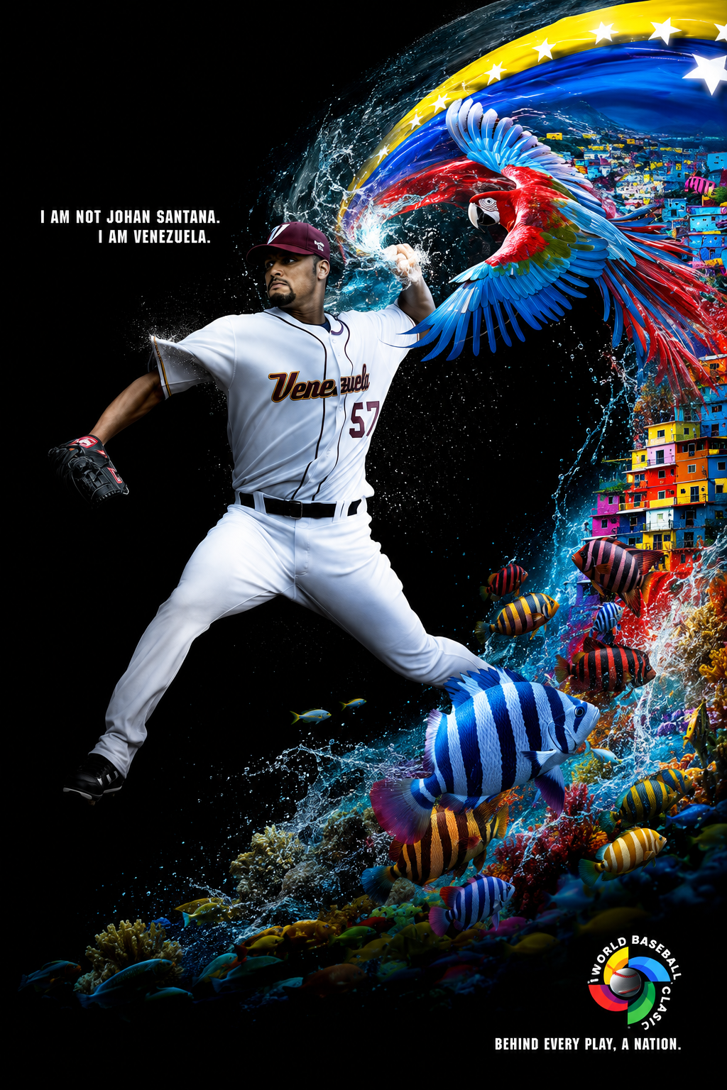 Venezuelan baseball player in uniform throws a ball with surreal and colorful background elements featuring a parrot, fish, water splashes, and a cityscape. Text mentions Venezuela and a logo for the World Baseball Classic.