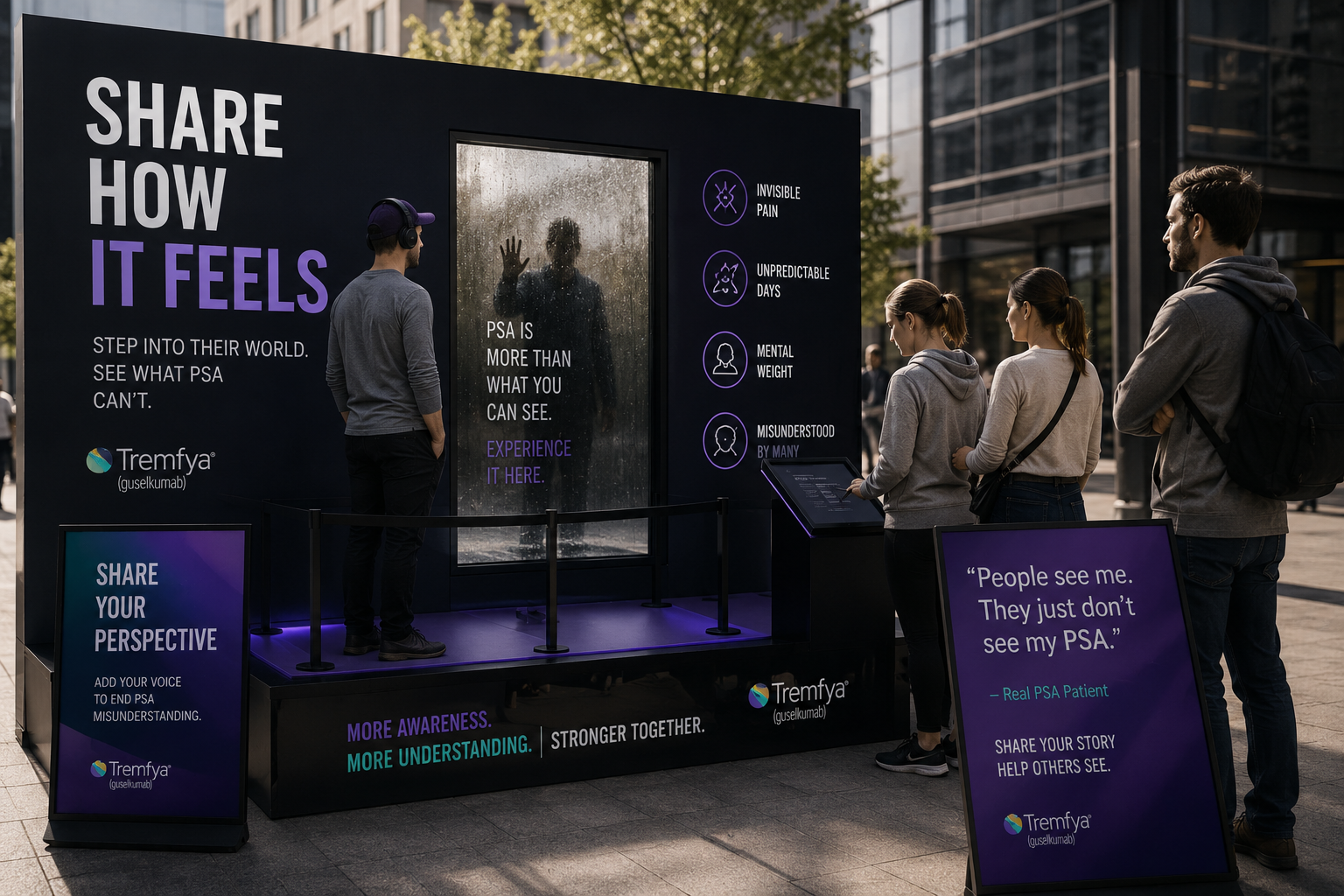Outdoor PSA display about mental health awareness with people sharing experiences. Main sign reads "Share How It Feels," urging visitors to step into the world of those with mental health conditions. Smaller signs detail symptoms like invisible pain, unpredictable days, mental weight, and misunderstanding, encouraging sharing stories and raising understanding.