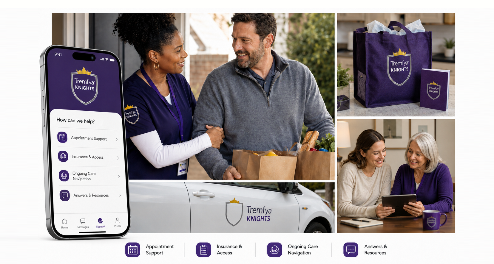 Collage of images showing a woman and a man exchanging groceries, a support app on a phone screen, a purple bag and a card with 'Tremfya KNIGHTS' branding, and two women reviewing content on a tablet.