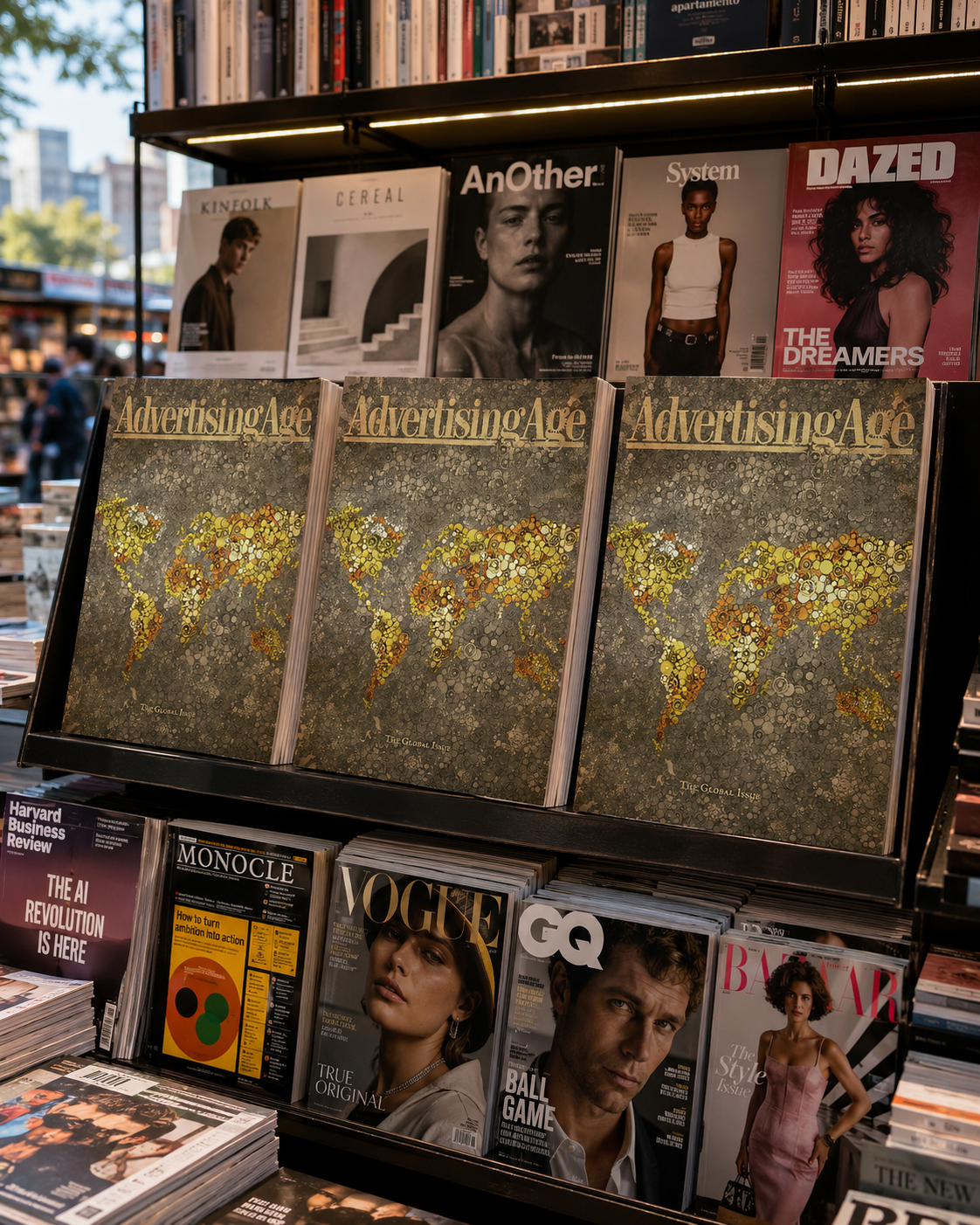 Magazine stand outdoors featuring issues of 'Advertising Age' with a world map design, 'Vogue' with a woman on the cover, 'GQ' with a man, 'Harvard Business Review,' 'Monocle,' and 'Barbar' magazines, with city buildings and trees in the background.
