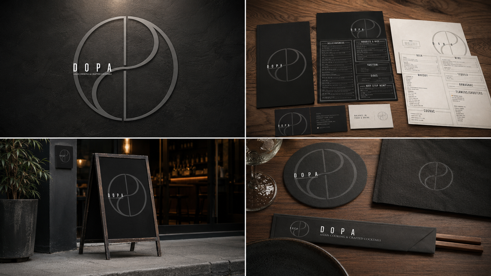 Branding and signage materials for a restaurant named DOPA, including logo, menu, business cards, a chalkboard sign outside, and branded coasters and napkins, all featuring a minimalist circular logo design.
