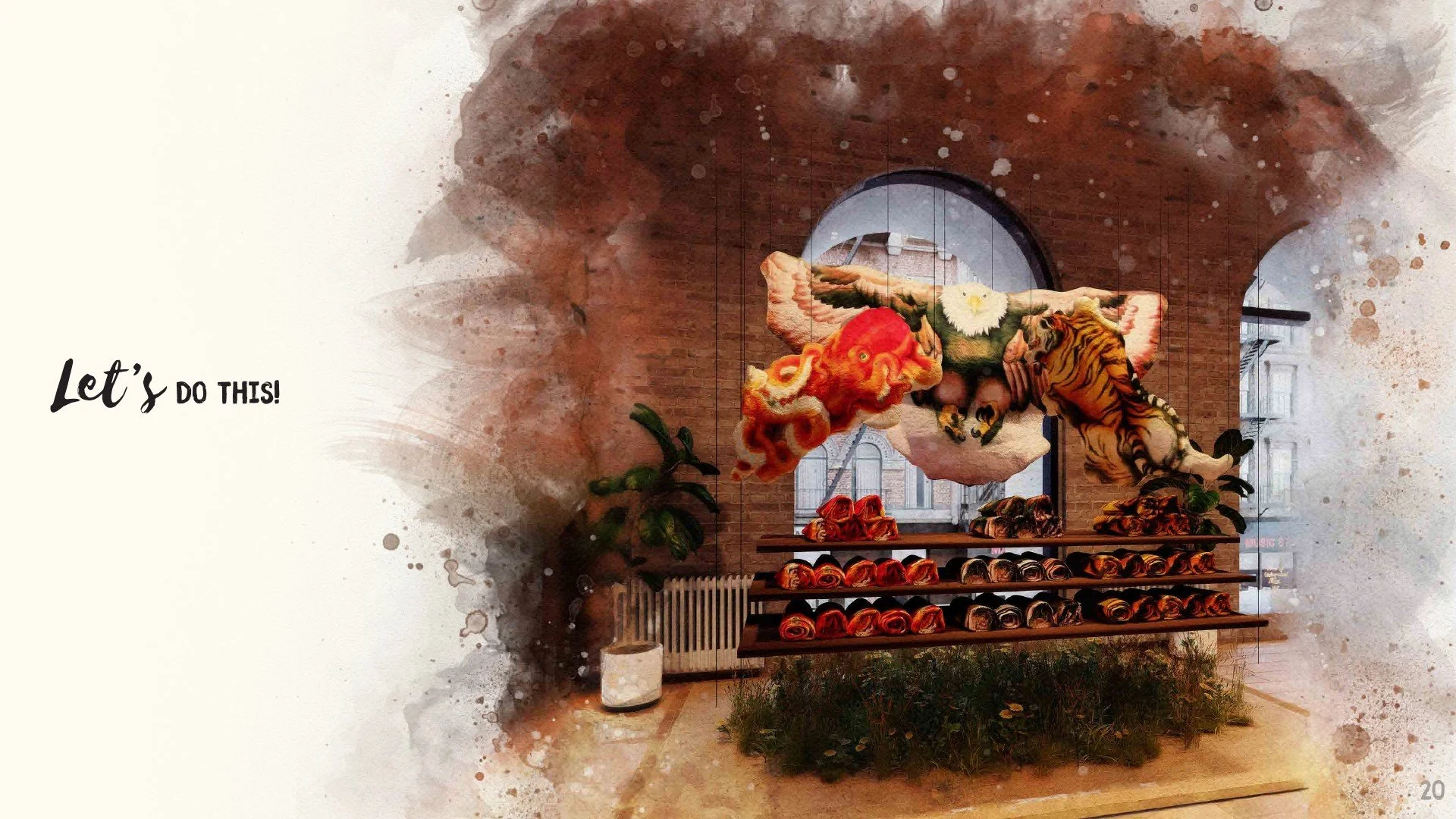 Art installation with colorful dragon and tiger sculptures mounted on a large stone, displayed in front of a brick arch window in an indoor space with plants and shelves.