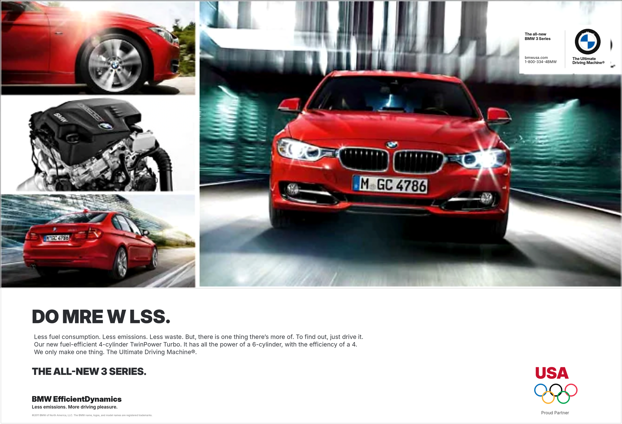 A collage of images showcasing a red BMW car from different angles, including the front, rear, and side views, along with an image of the BMW engine and a cityscape background. The advertisement highlights the BMW 3 Series, emphasizing fuel efficiency and dynamic performance.