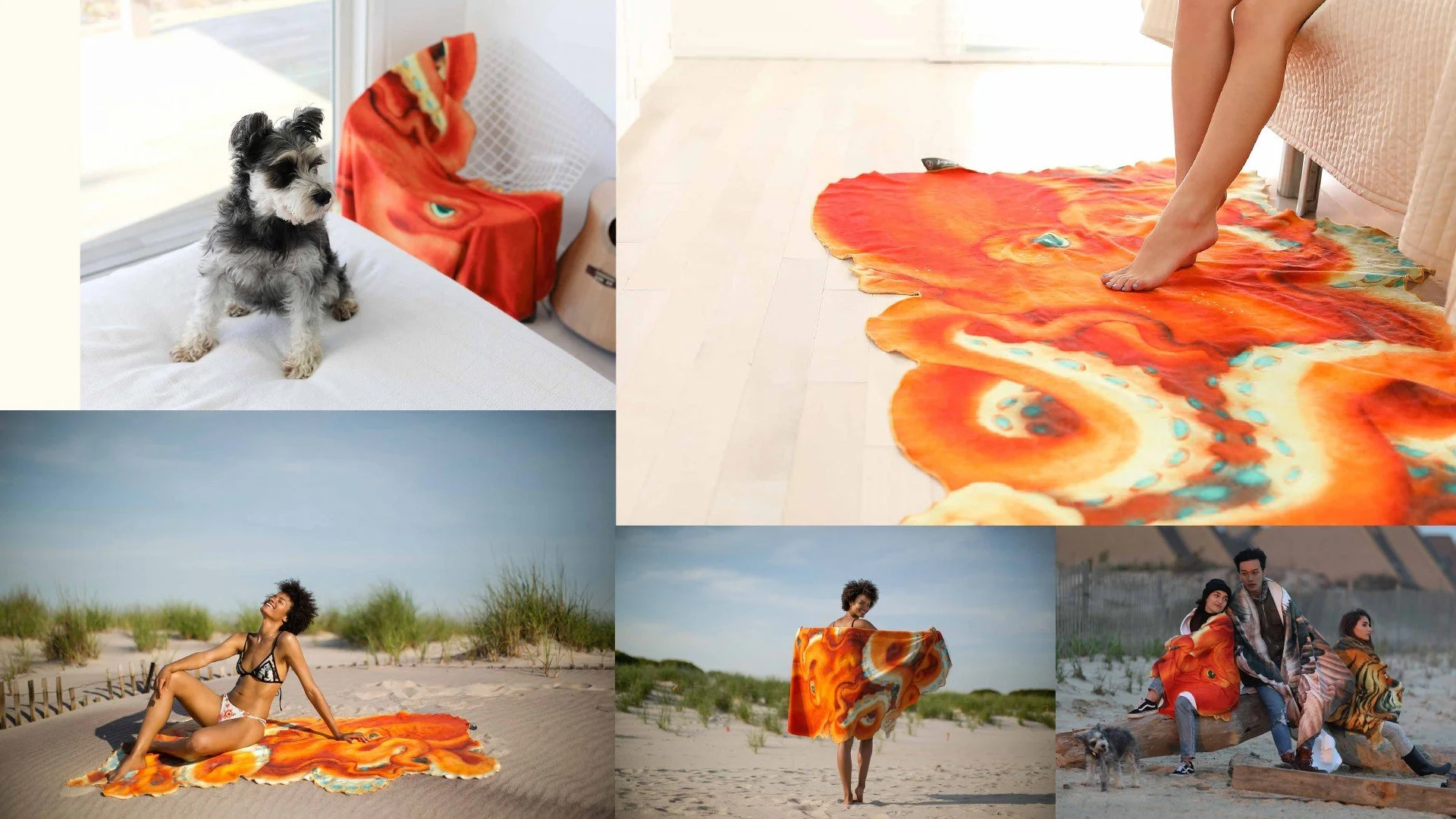 Collage of four images: a cute puppy sitting on a bed with a colorful blanket nearby, a person standing barefoot on a vibrant orange and yellow patterned rug in a bright room, a woman sitting on a sandy outdoor area with a scarf around her, and a gro