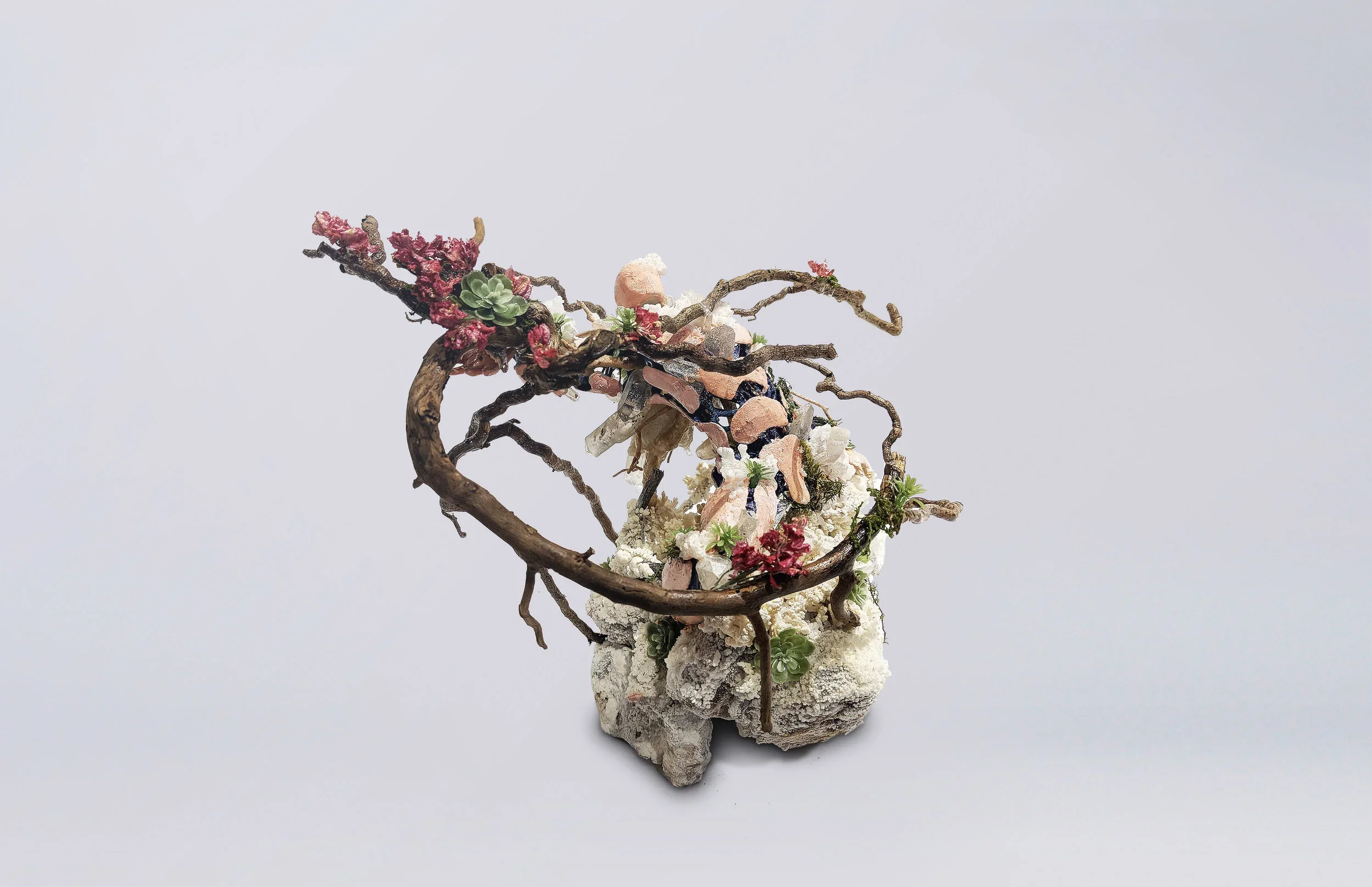 A miniature sculpture featuring intertwined twigs, succulents, moss, and stones on a rough rock base.