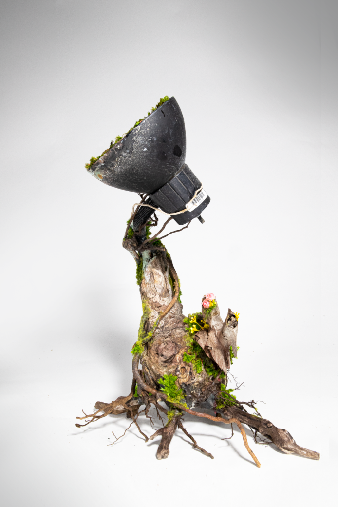 A sculpture combining a tree root, moss, and flowers supporting a large spotlight or camera equipment with a black casing.