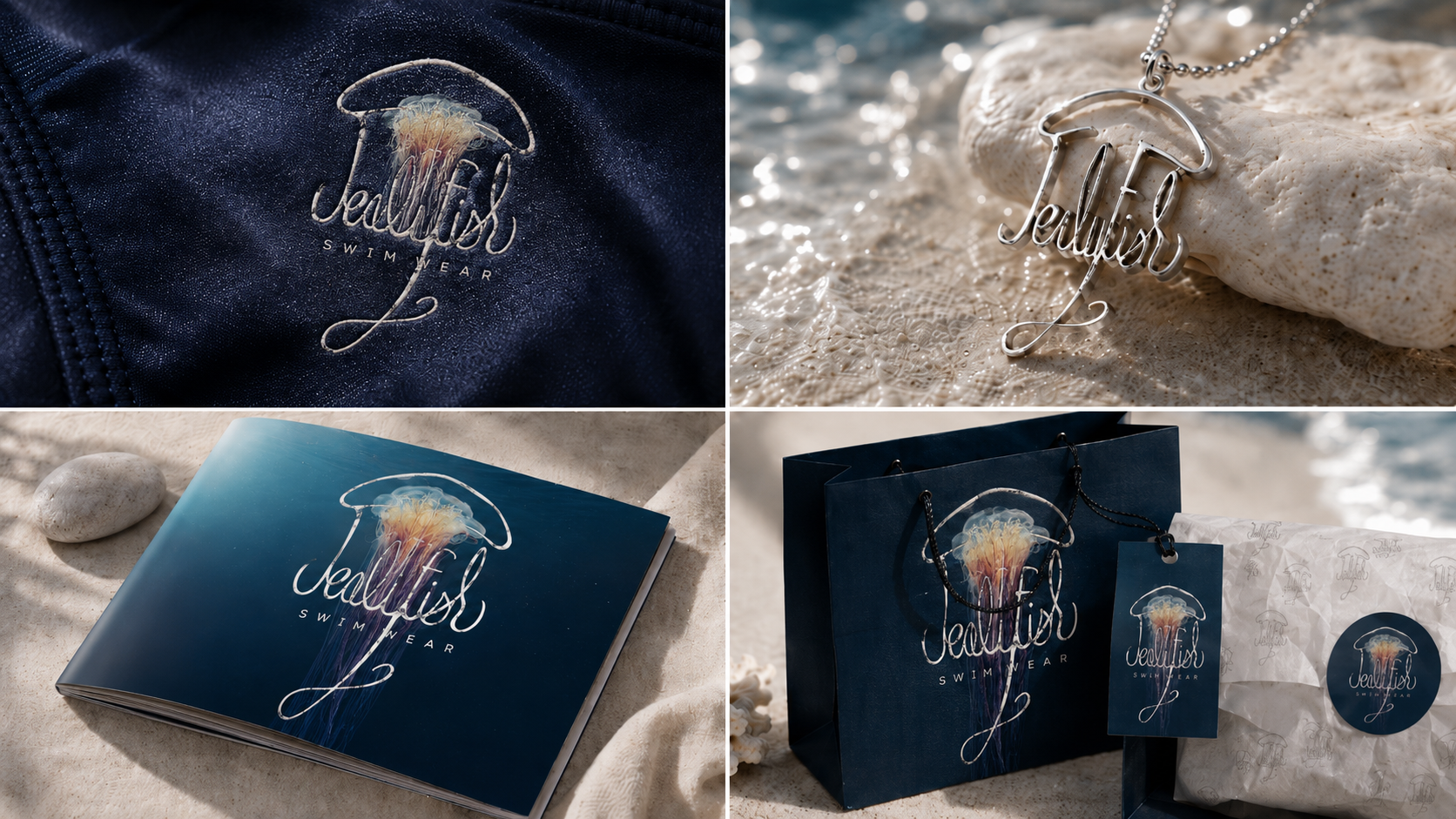 Collage of branding and packaging materials for Jellyfish Swimwear. The images include a close-up of a blue fabric with the Jellyfish logo, a necklace with the Jellyfish logo on a shell, a brochure with the Jellyfish logo on a sandy surface, and shopping bags with the Jellyfish logo along with tissue paper and tags.