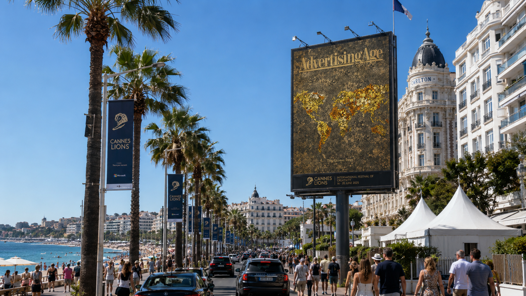 A busy coastal promenade with palm trees, advertising banners for Cannes Lions, white tents, and people walking. The backdrop includes white buildings and a clear blue sky.