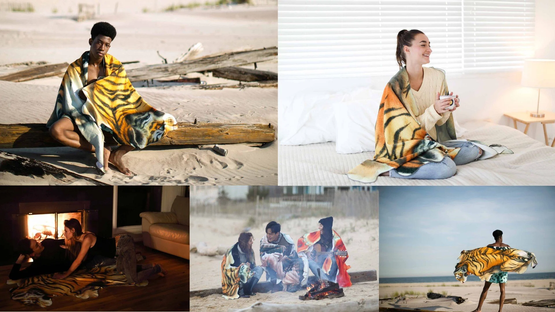 Collage of people enjoying various activities: a woman sitting on a bed at home, a person sitting on a beach with a tiger blanket, two people in warm clothing talking outdoors, a woman playing with a fire, a person walking on the beach with a tiger b