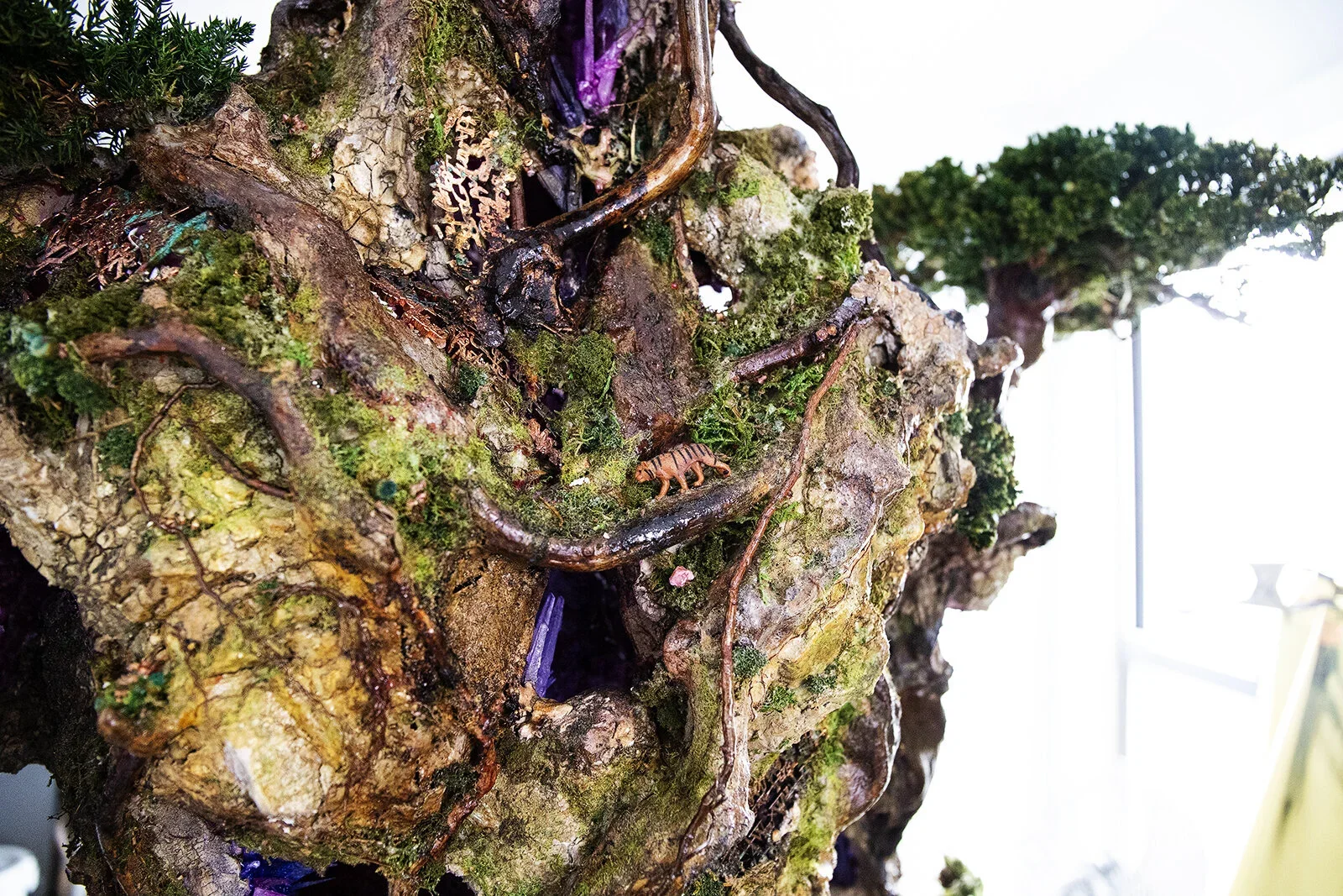 Close-up of a tree trunk with moss, roots, and a small orange and black striped toy tiger on it, with a tree canopy and sky in the background.