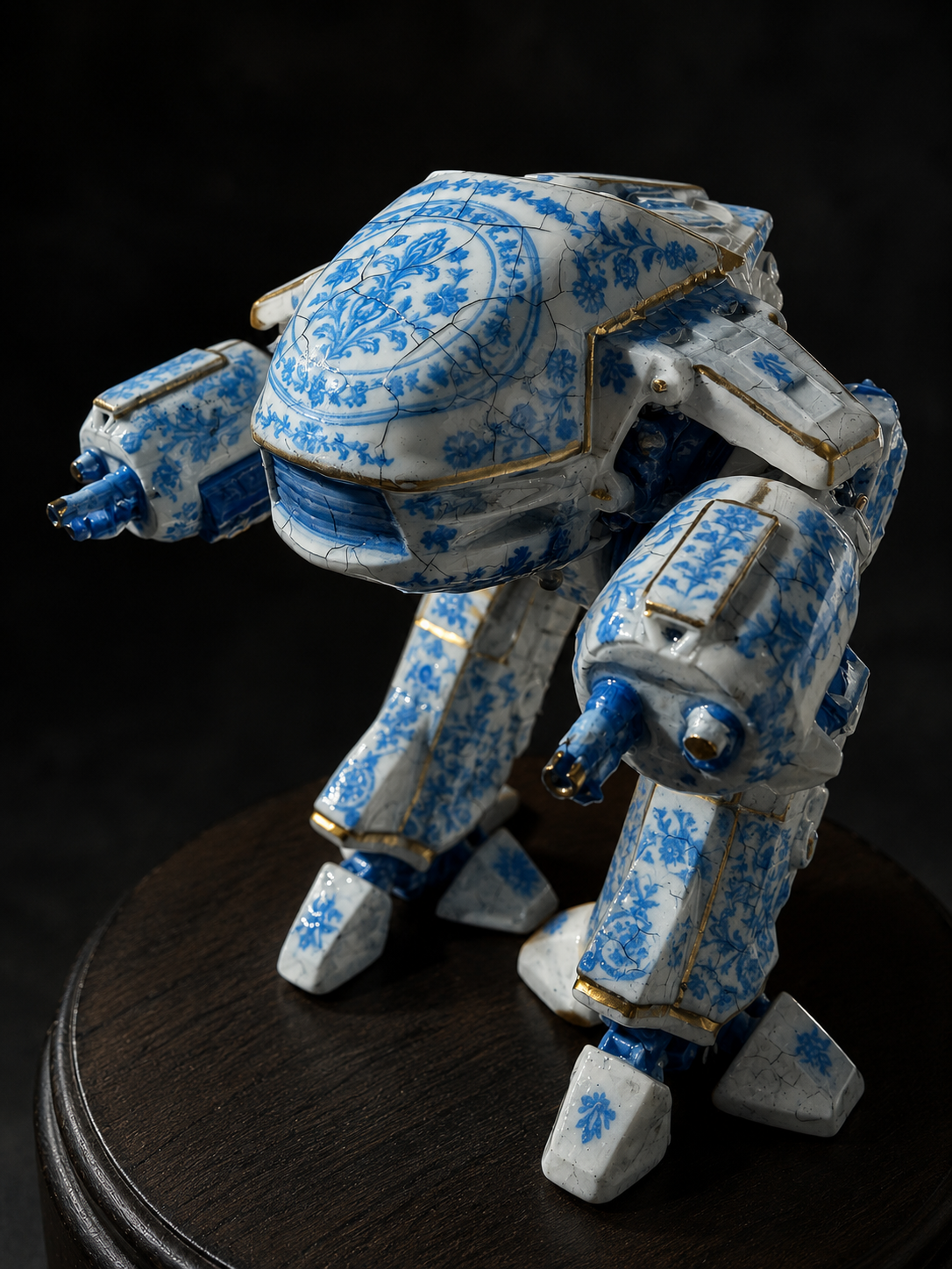 A robot sculpture decorated with blue and white floral porcelain patterns, standing on a wooden base.