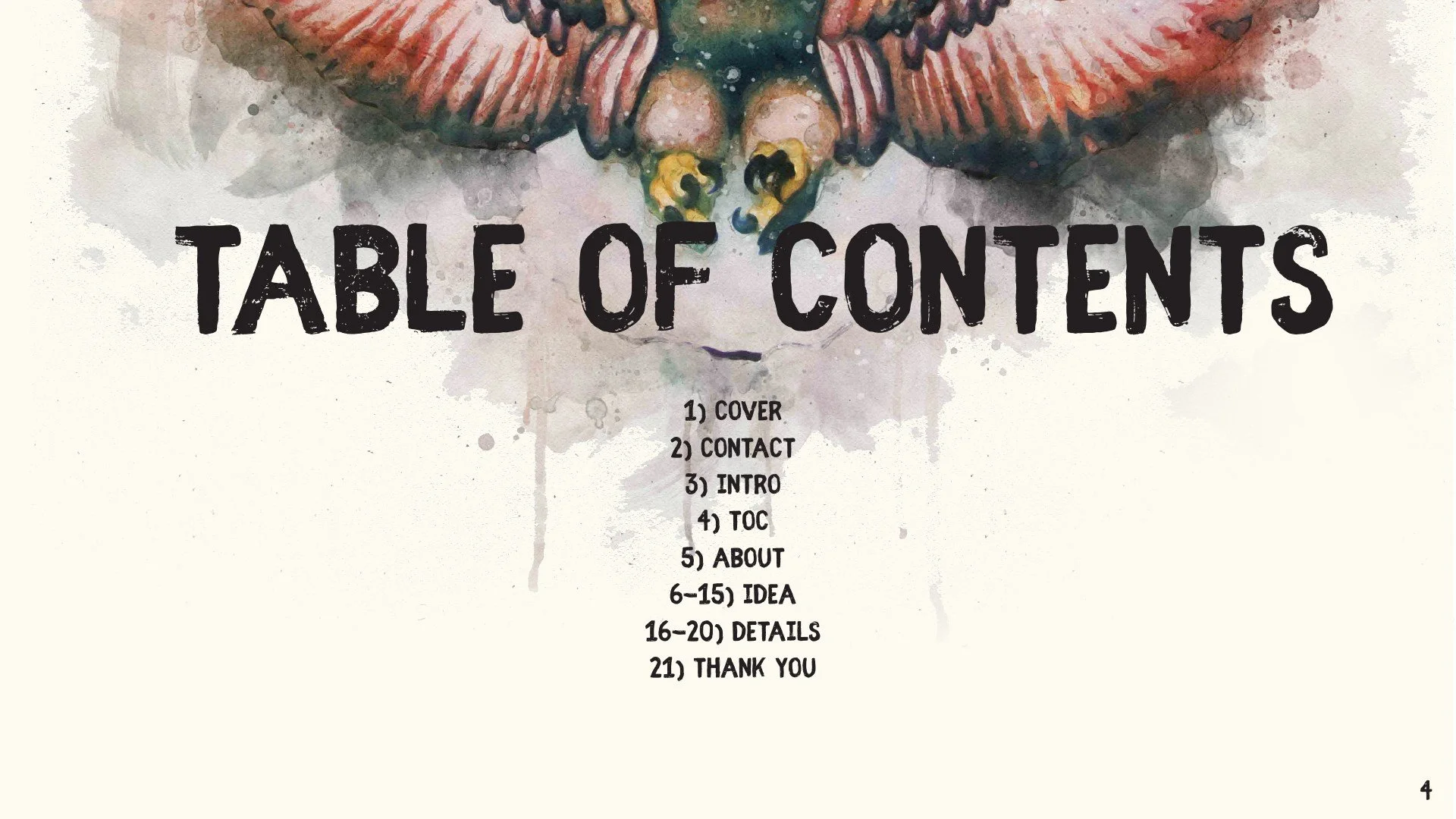 A watercolor-style illustration of a butterfly with spread wings at the top. Below it is the title 'Table of Contents' in large, bold text, and a list of topics with numbered items including Cover, Contact, Intro, TOC, About, Idea, Details, Thank You