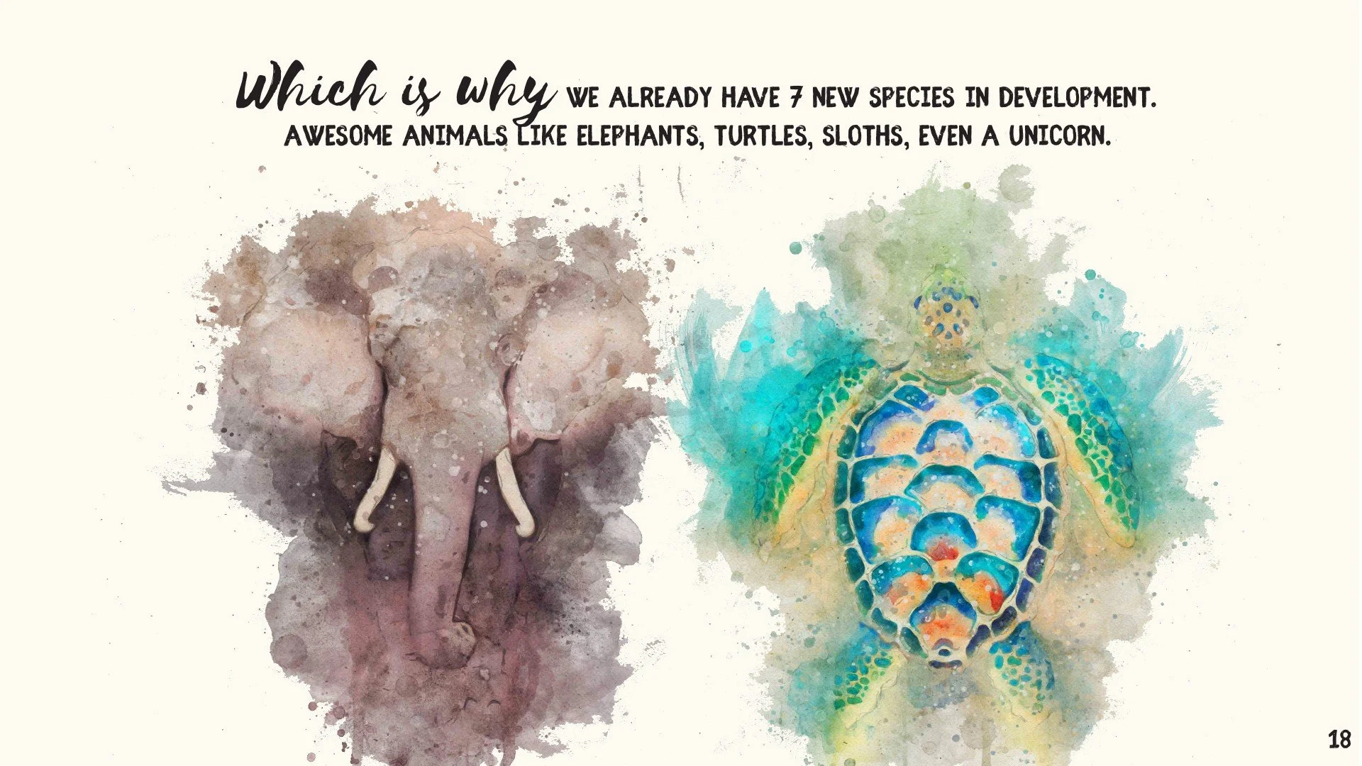 Watercolor illustration of an elephant and a turtle with text about new species in development.