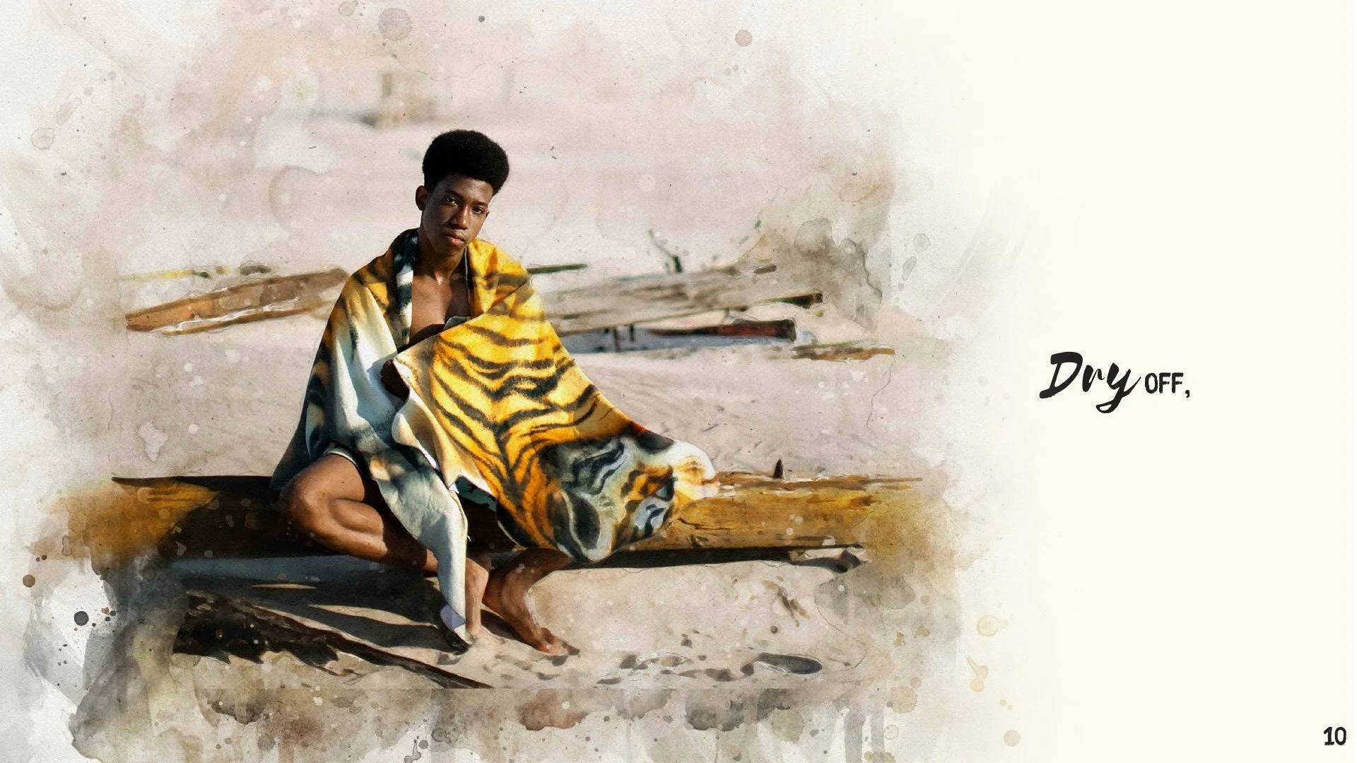 A young person sitting on a wooden bench, wrapped in a yellow and black striped blanket, outdoors among weathered wood and a rough wall background. The text on the right side says "Dry off,"