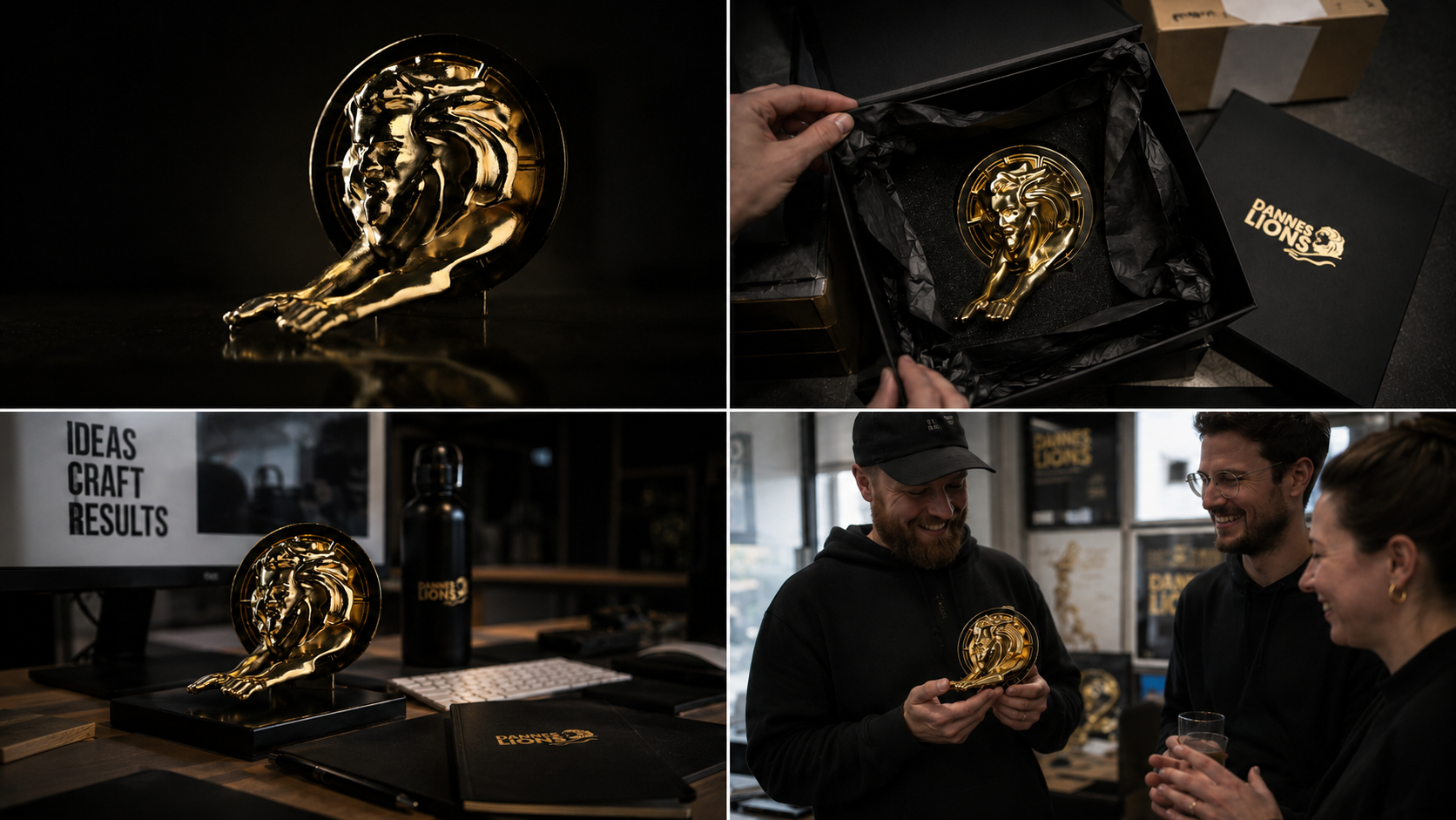 A gold lion head trophy with a circular background and a lion's body, displayed in various stages of presentation, including inside a box and being admired by people in a room.