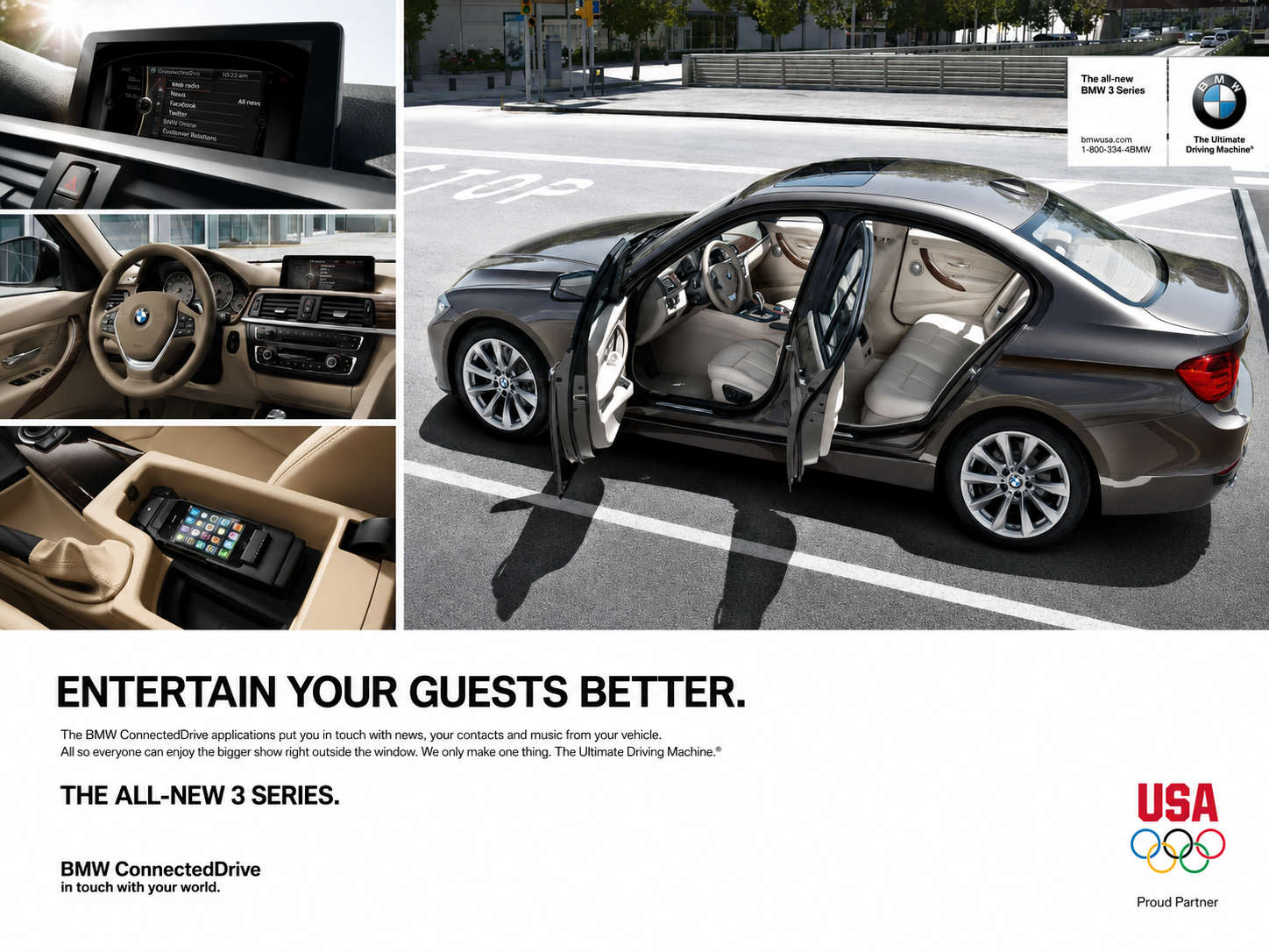 A BMW car parked in a parking lot with its doors open, showcasing the interior and dashboard. The advertisement promotes the BMW ConnectedDrive application for entertainment and connectivity features, with additional close-up images of the steering wheel, center console, and in-car technology. There's also a BMW logo, an Olympics logo, and a USA flag at the bottom.