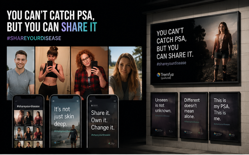 A digital campaign promoting sharing health issues, featuring diverse photos of women, smartphones with supporting messages, and large posters with slogans like "You can't catch PSA, but you can share it" and "It's not just skin deep. Share it. Own it. Change it."