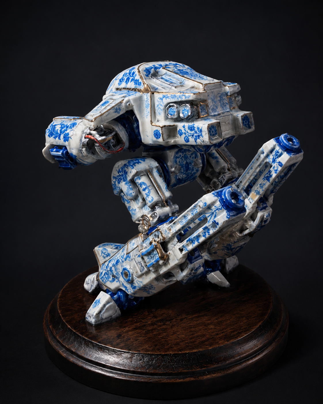 Robot sculpture made from white and blue porcelain with floral patterns, sitting on a wooden base.